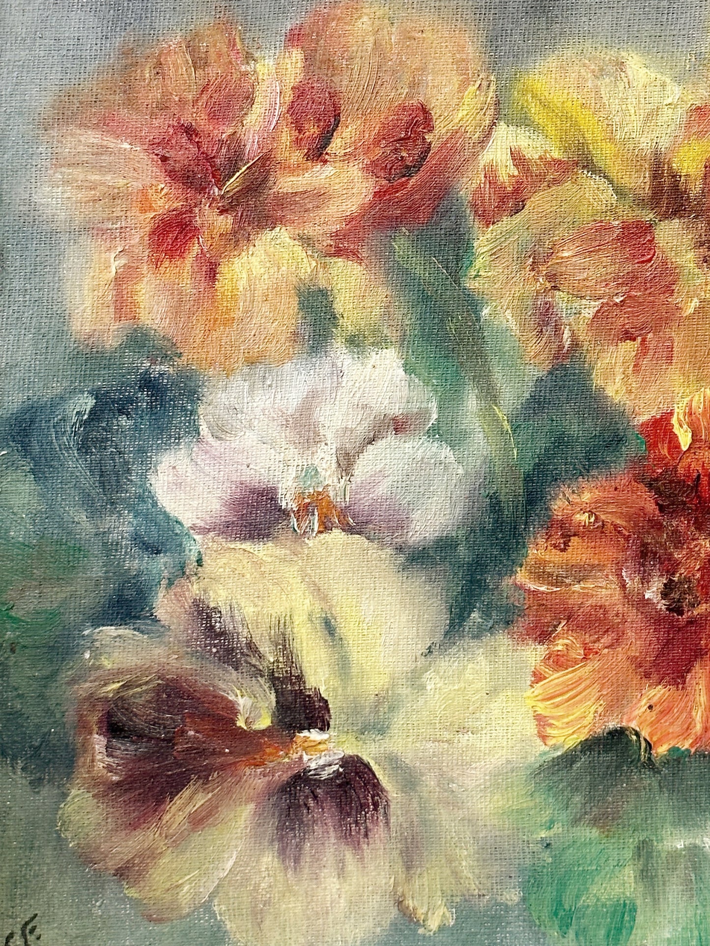 Vintage Still Life Flowers Pansies Oil On Board Signed ICCF