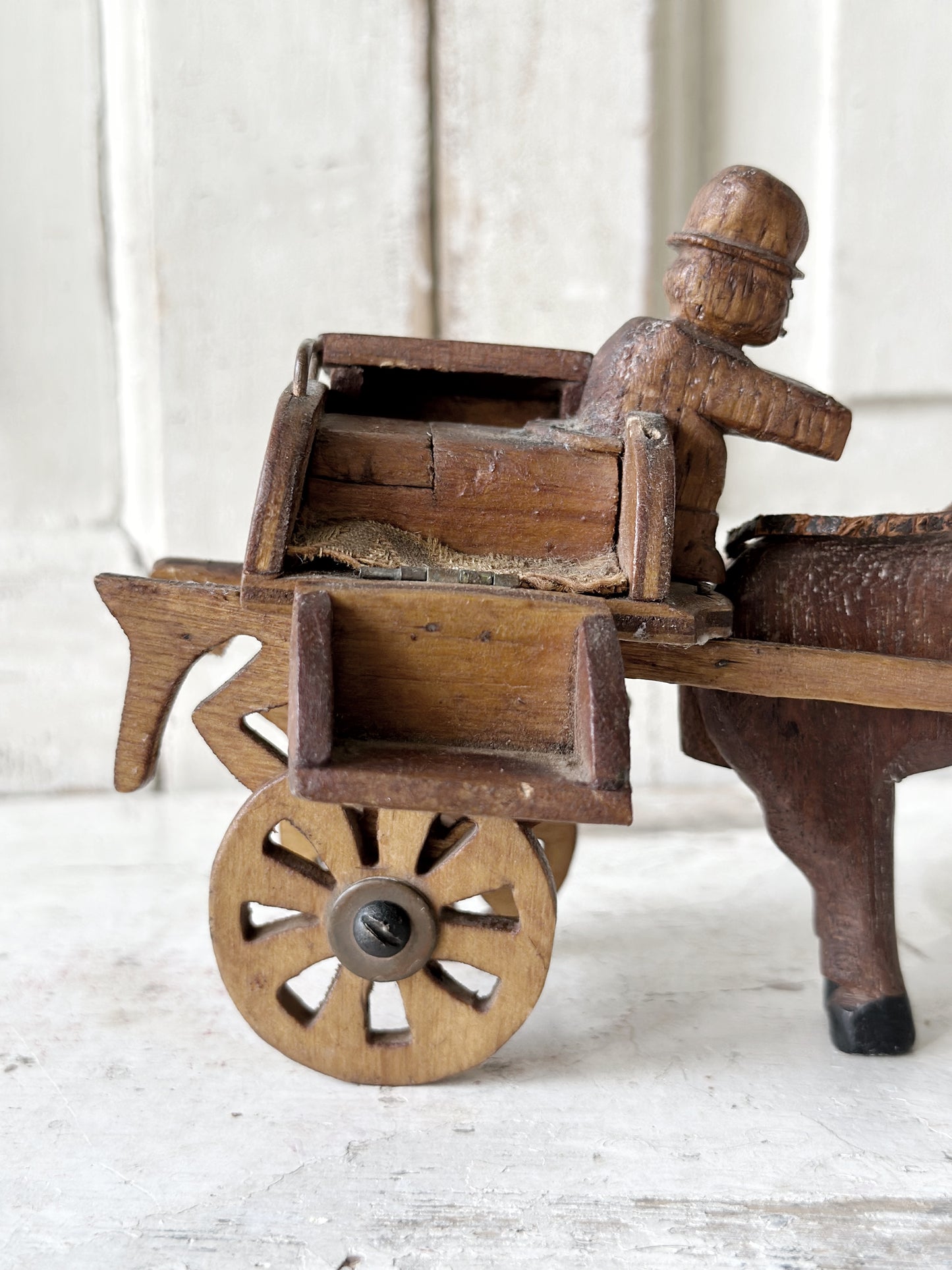 A primitive colonial scratch built wooden horse and cart toy