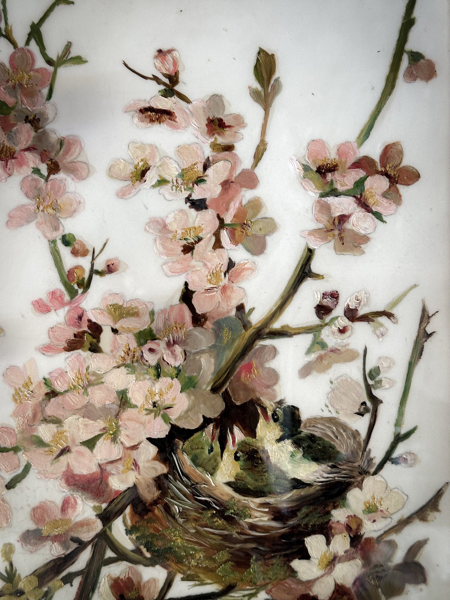 A Stunning Victorian Milk Glass Painting of A Bird’s Nest and Spring Blossoms