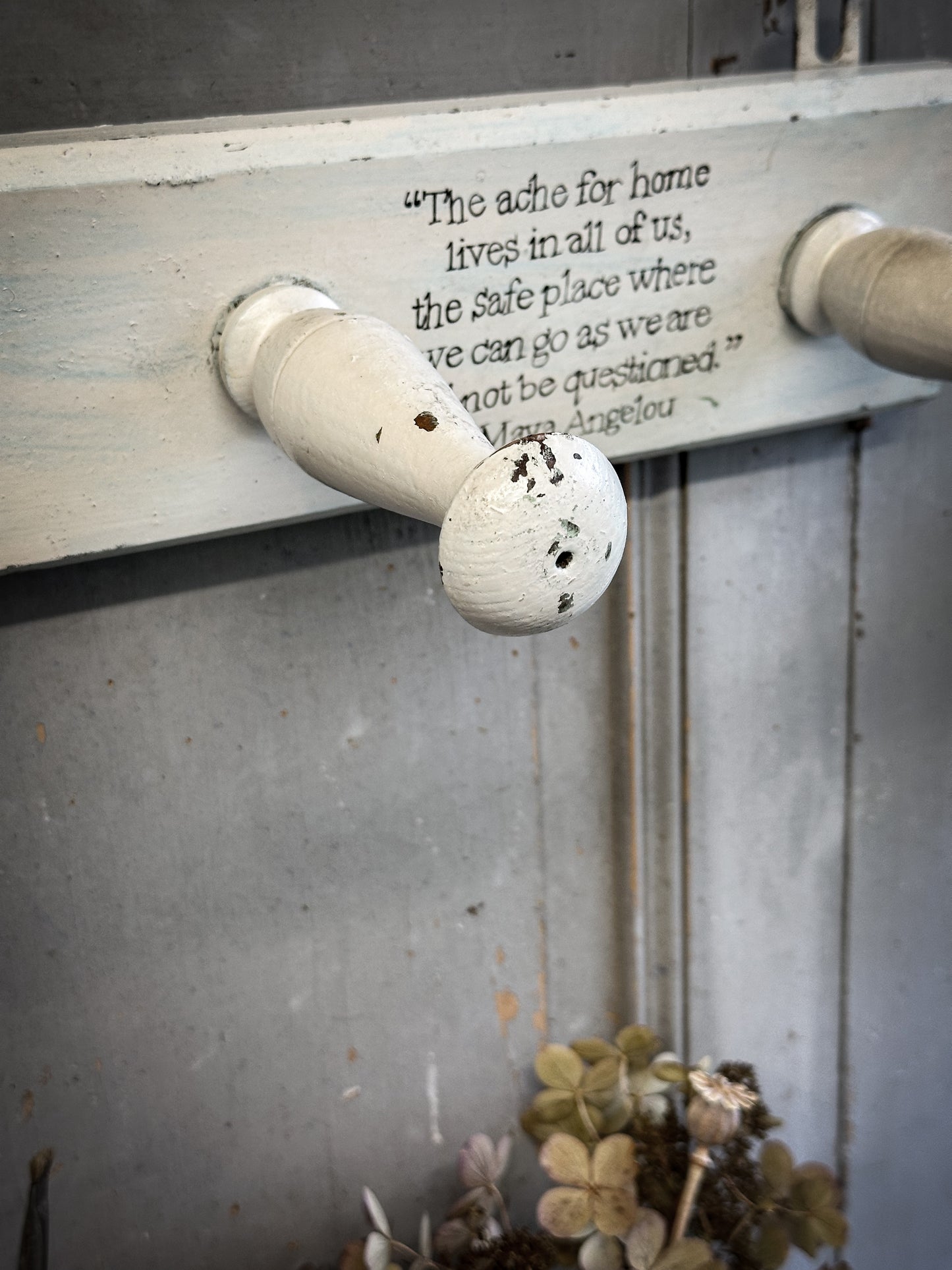 A Vintage Wooden French Coat Peg With Hand Painted Quote
