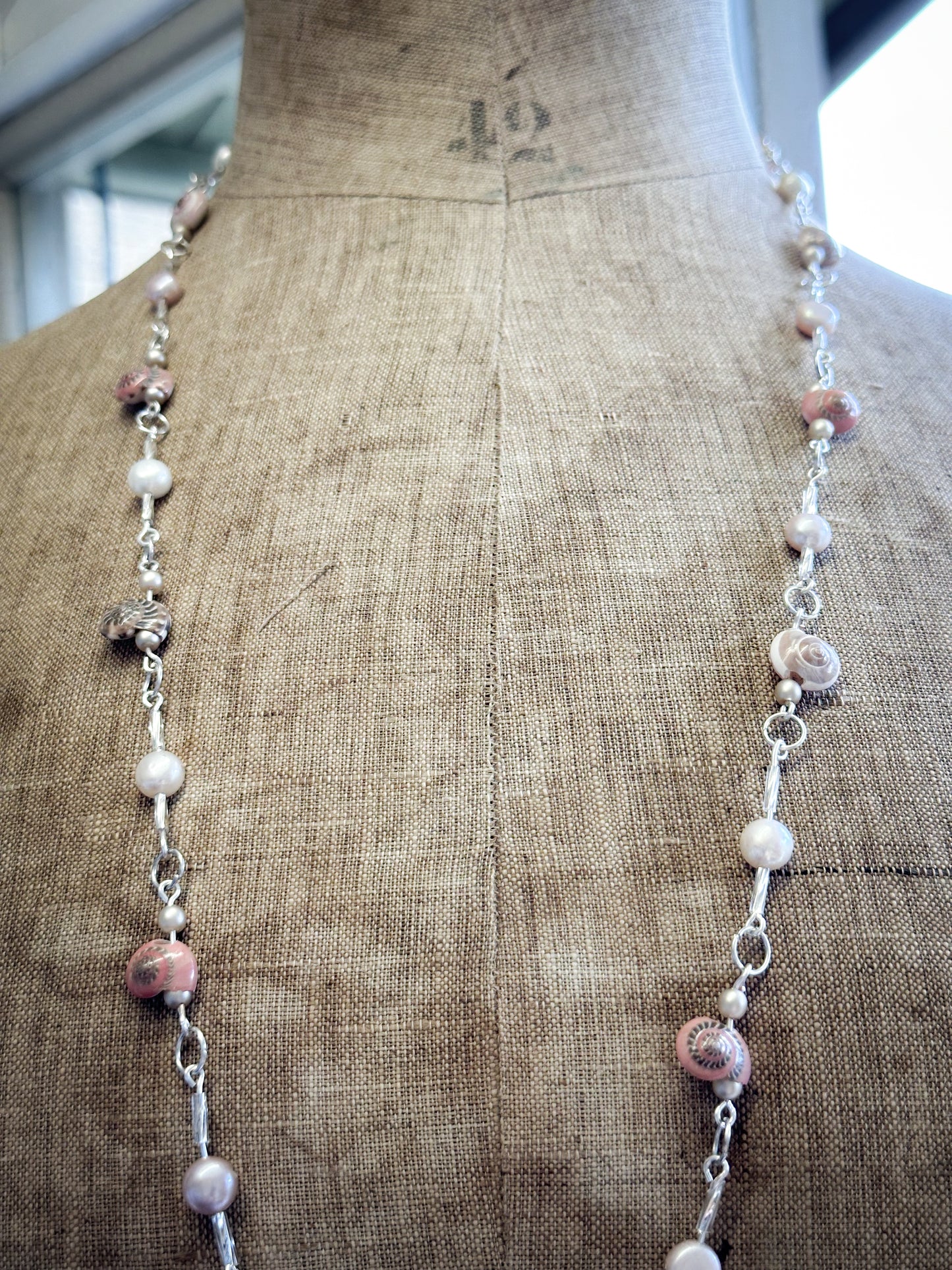 Beautiful Found Object Beaded Shell and Pearl Necklace with a Shell Pendant by Jealous Moon Jewellery