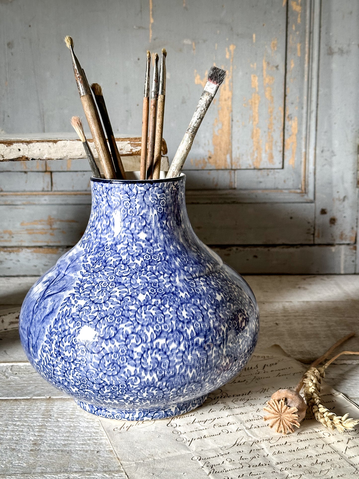 A stunning vintage blue and white Fenton ‘Ye Olde’ Foley Ware vase