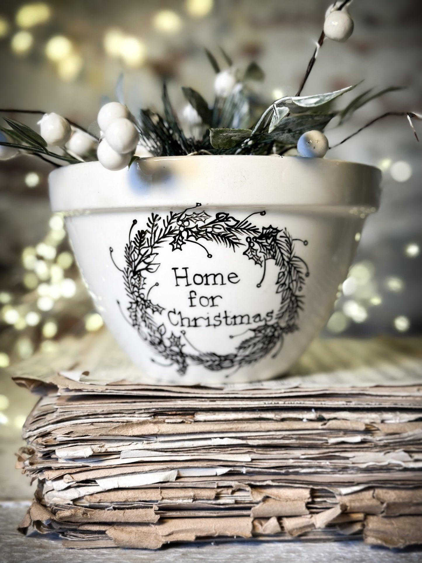 A beautiful vintage Illustrated Ironstone pudding bowl with a hand painted Christmas quote