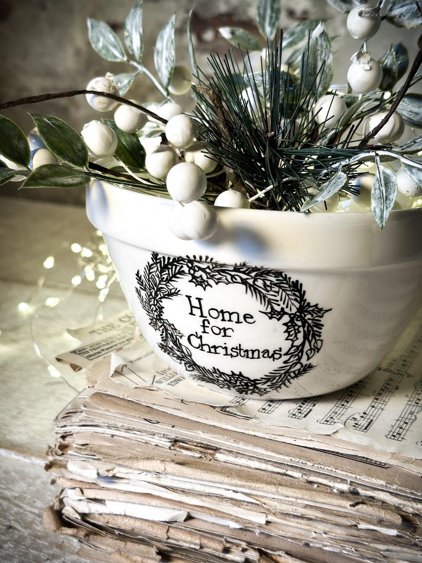 A beautiful vintage Illustrated Ironstone pudding bowl with a hand painted Christmas quote
