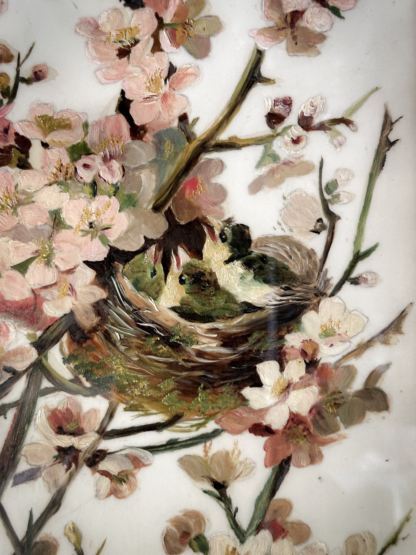 A Stunning Victorian Milk Glass Painting of A Bird’s Nest and Spring Blossoms