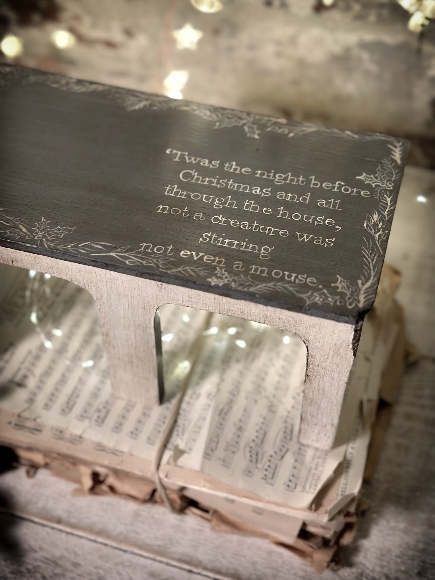 A hand painted quote on a vintage scratch built folk art model farm barn