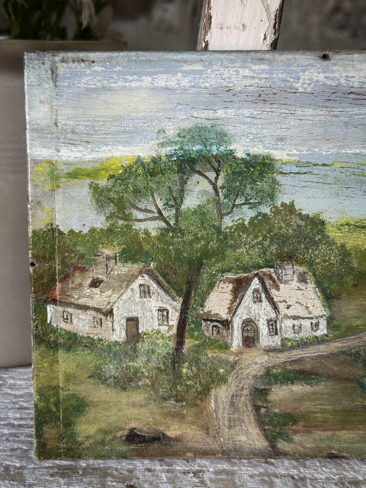 Antique French Naive Oil Painting on Wooden Panel
