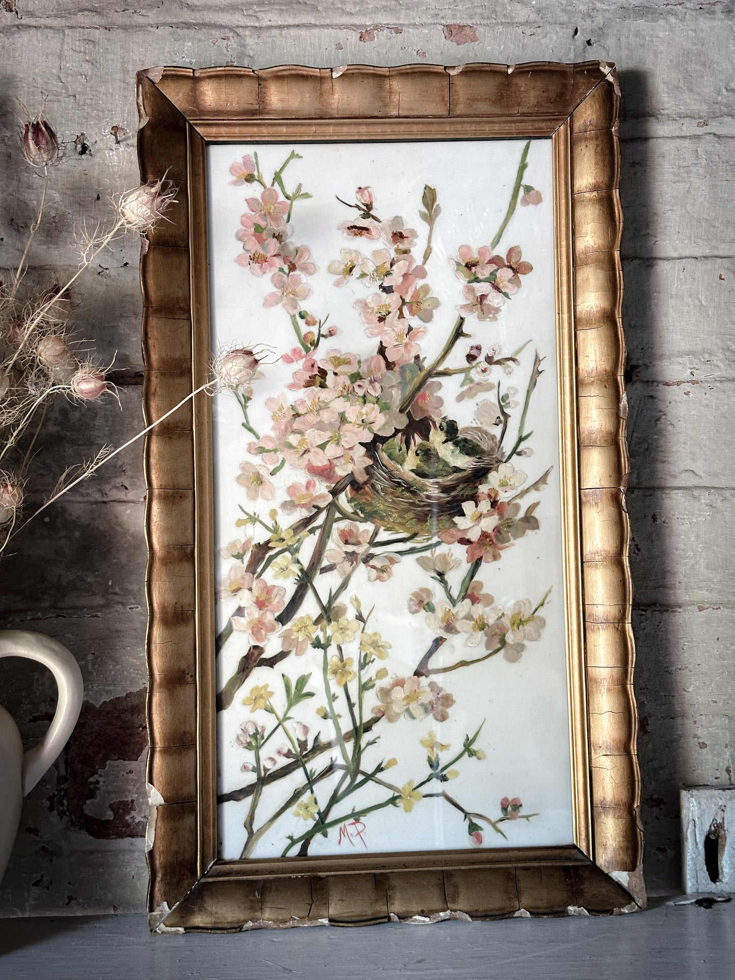 A Stunning Victorian Milk Glass Painting of A Bird’s Nest and Spring Blossoms