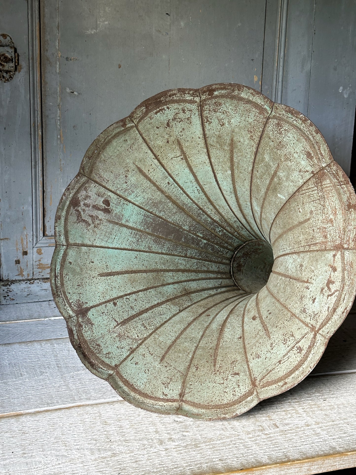 A wonderful antique French tin gramophone funnel and elbow
