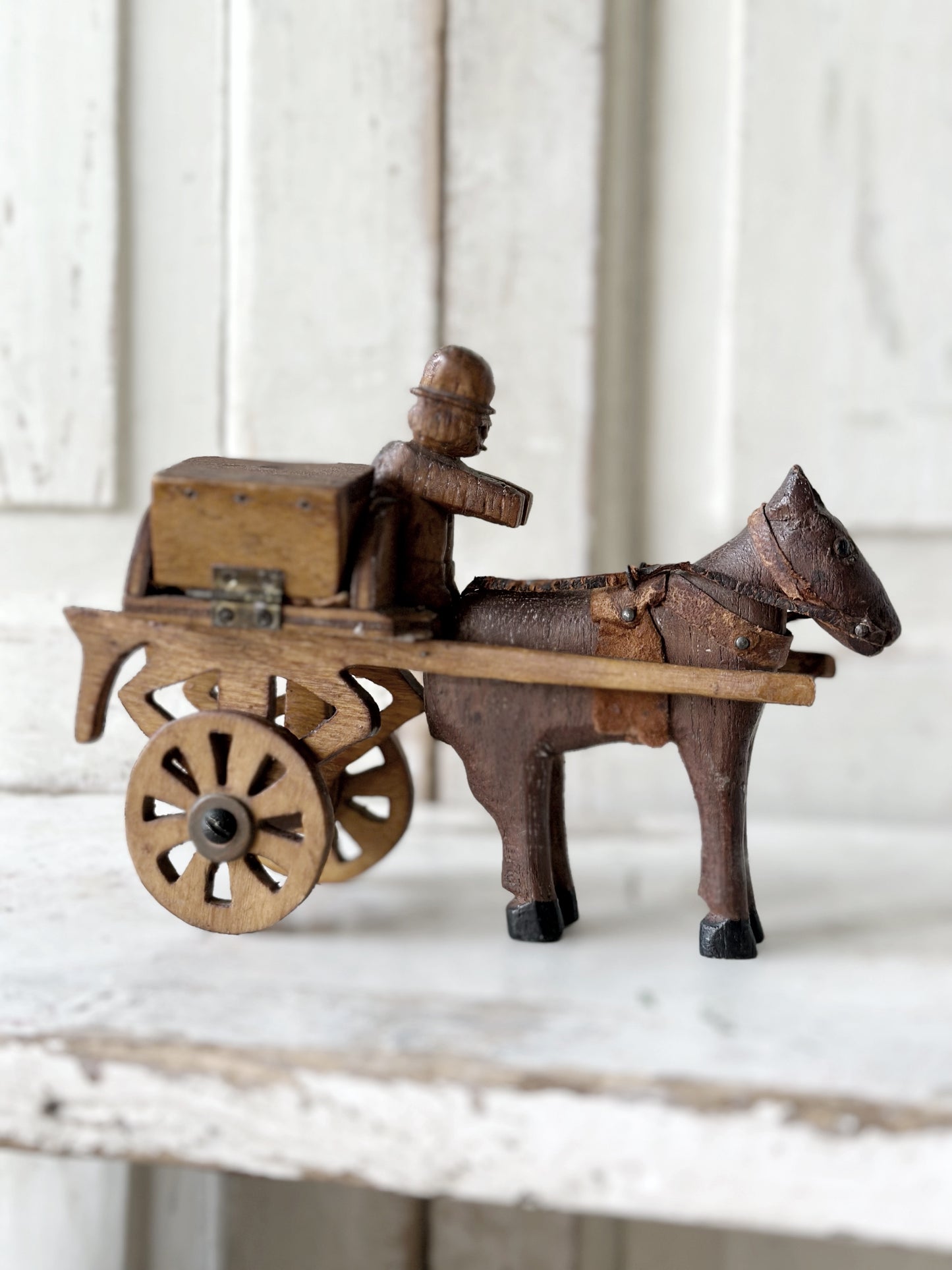 A primitive colonial scratch built wooden horse and cart toy