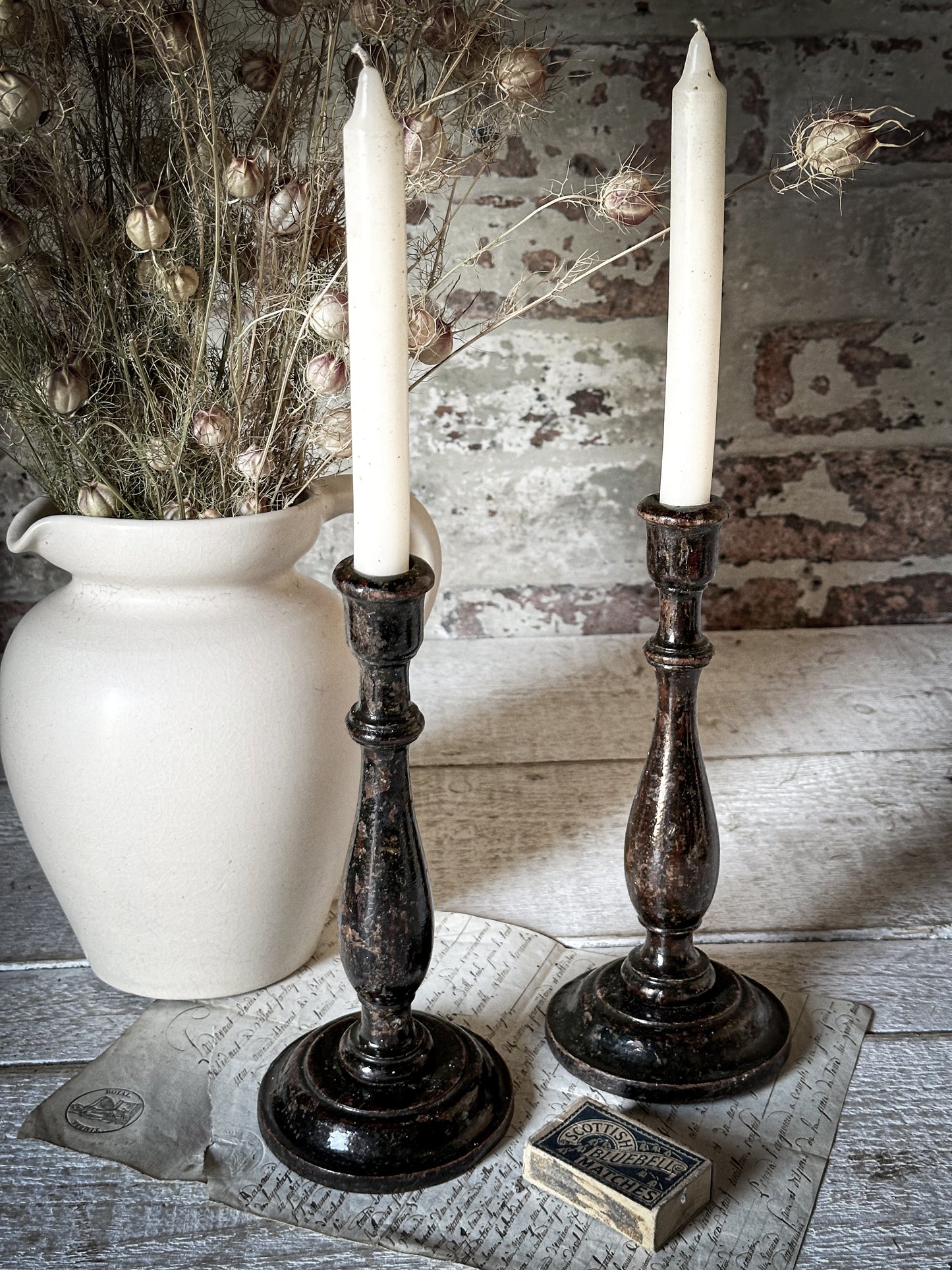 A Pair of Antique Hand Turned Ebonised Candlestick Holders