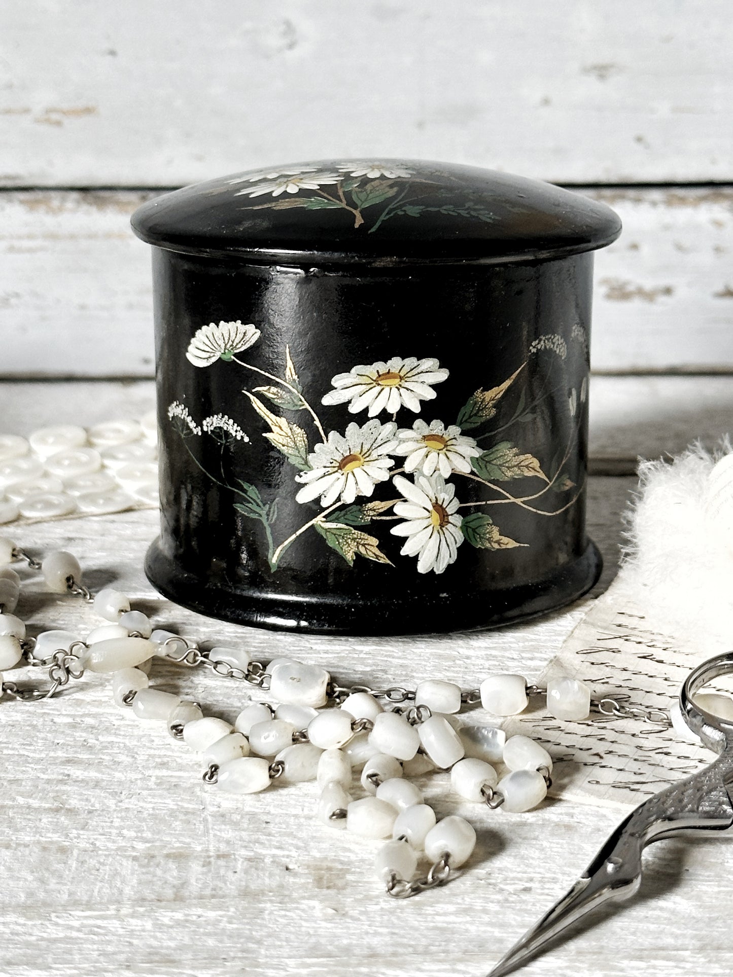 Antique Papier Mache Lacquer Black Handpainted Floral Powder Box Puff Vanity Pot