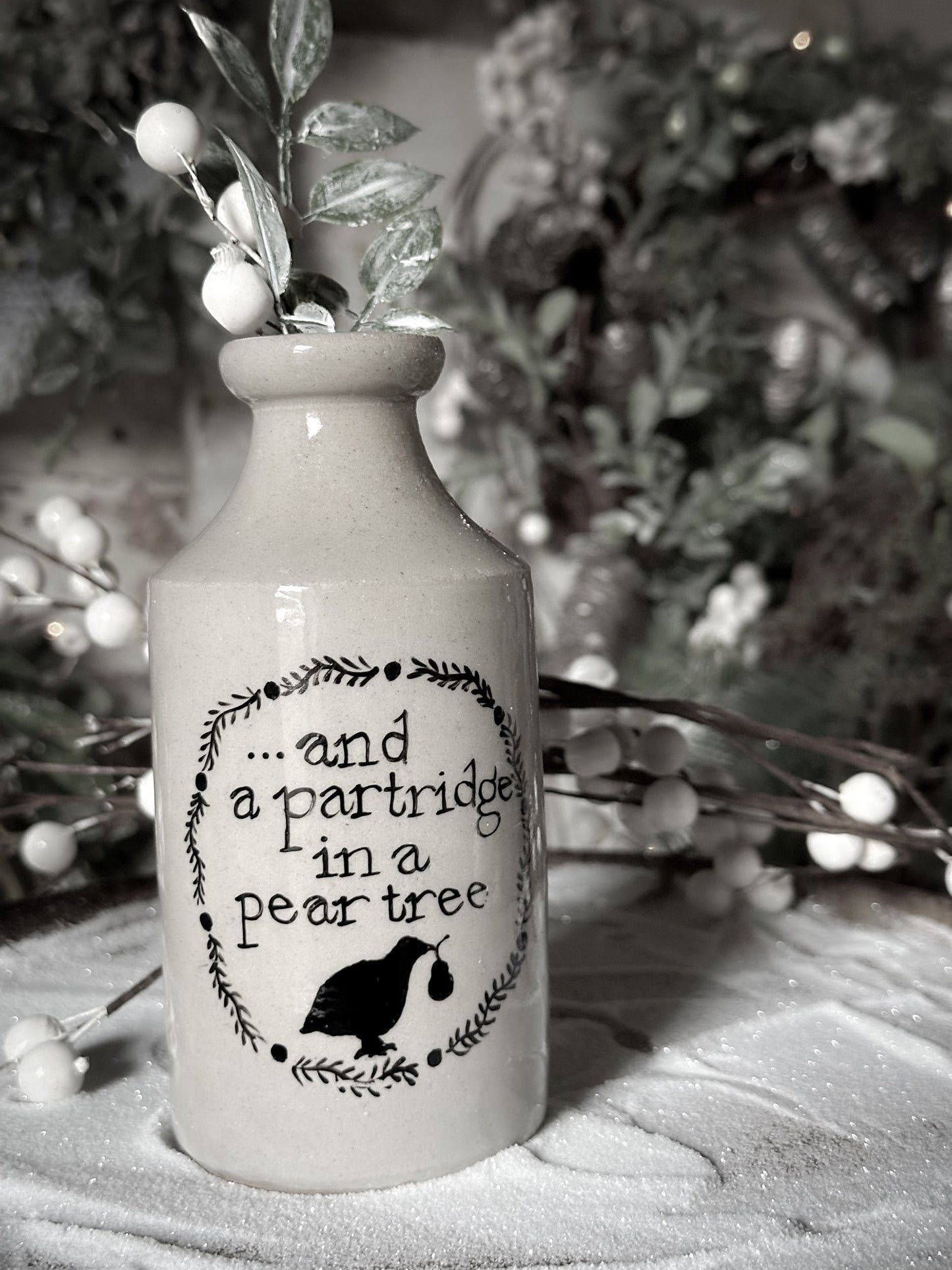 A Victorian unearthed stoneware pottery tall bottle with a hand painted quote