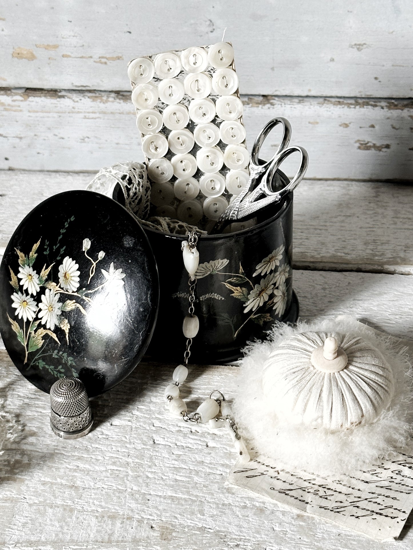 Antique Papier Mache Lacquer Black Handpainted Floral Powder Box Puff Vanity Pot