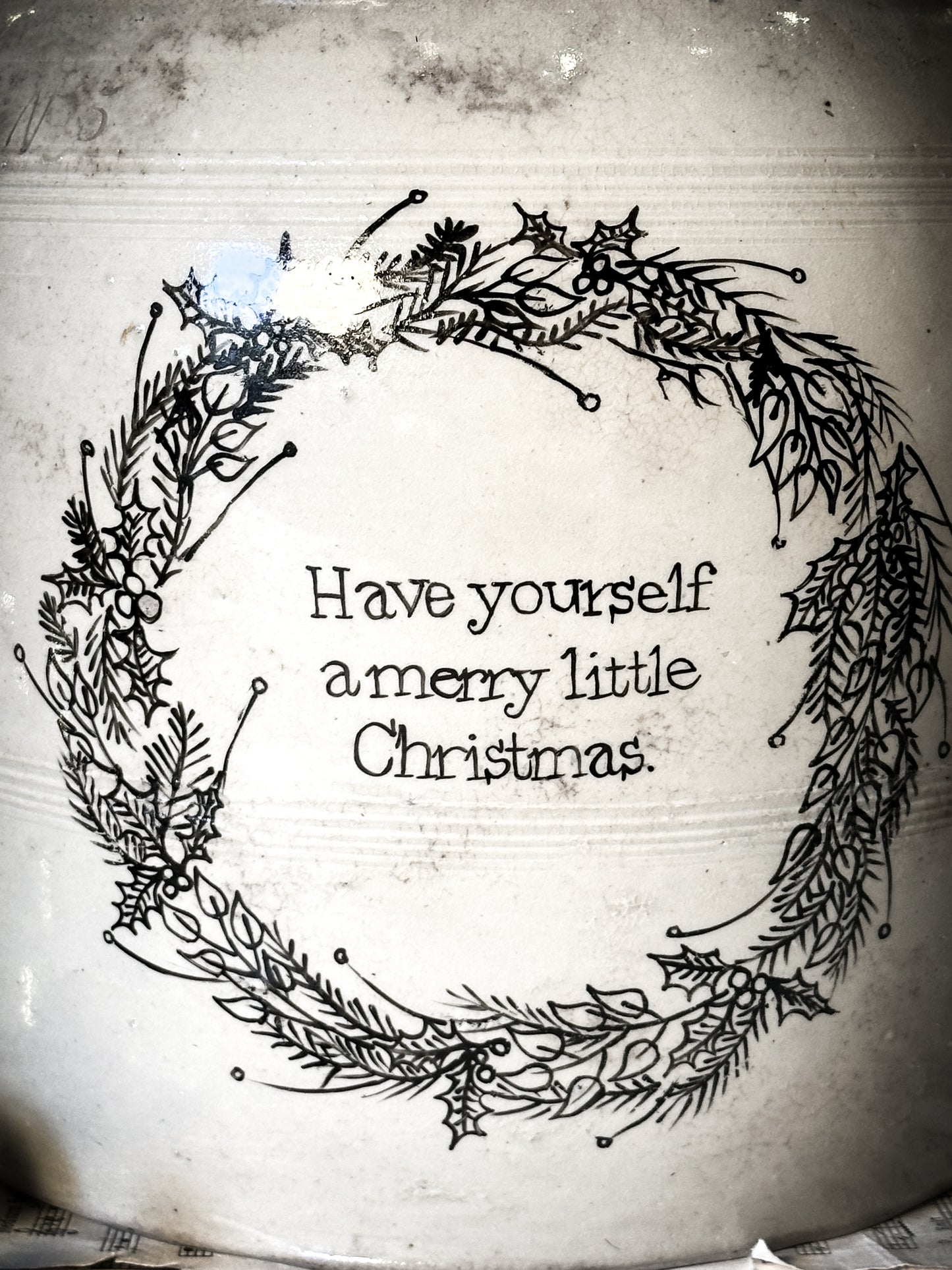 A lovely antique French stoneware confit pot with a hand painted Christmas quote