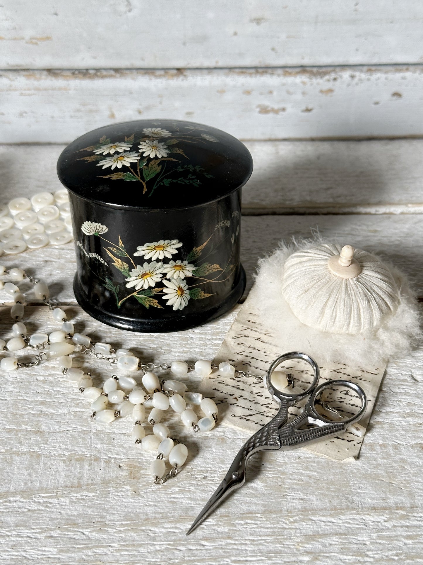 Antique Papier Mache Lacquer Black Handpainted Floral Powder Box Puff Vanity Pot
