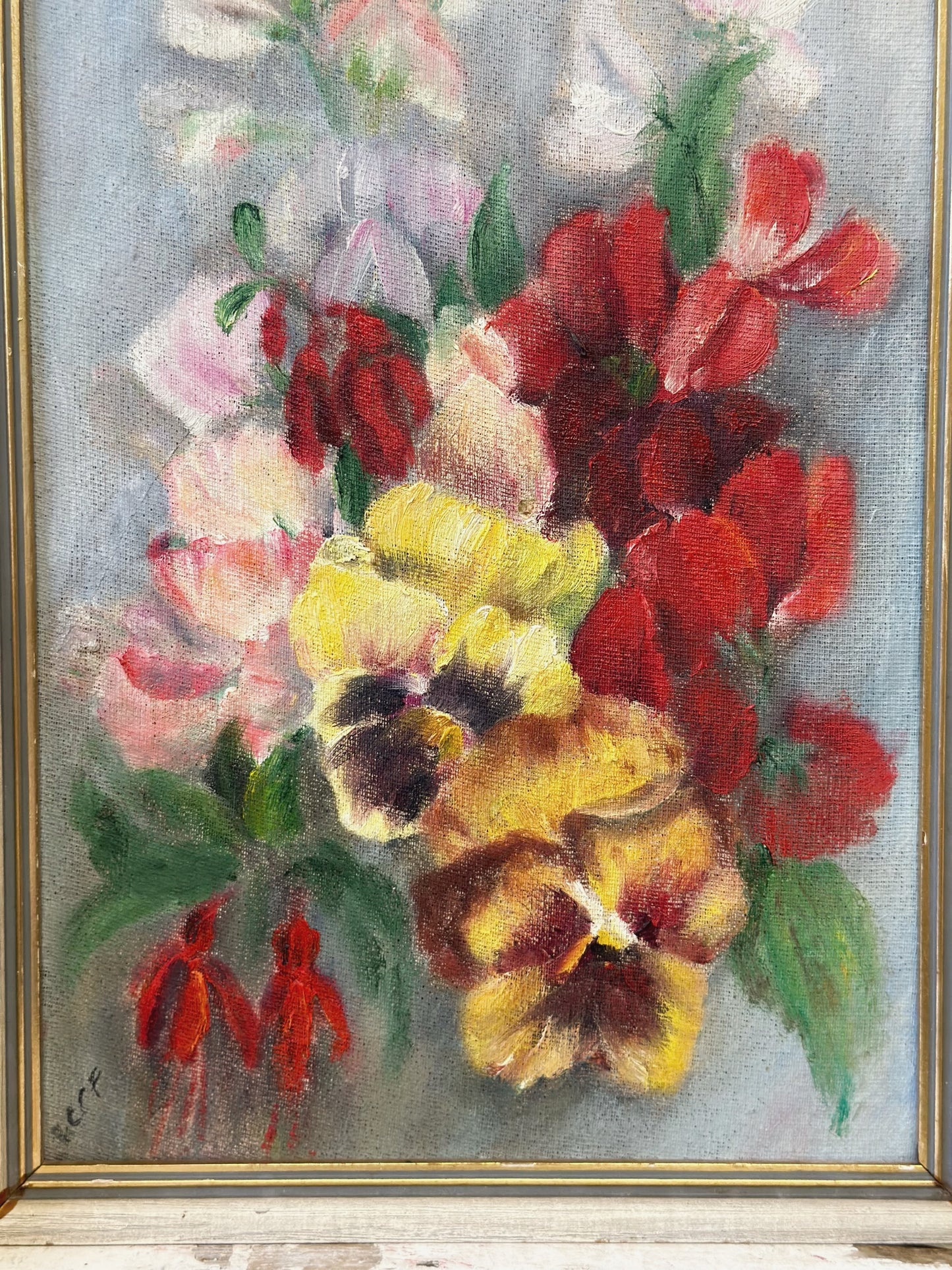 Vintage Still Life Flowers Pansies Oil On Board Signed ICCF