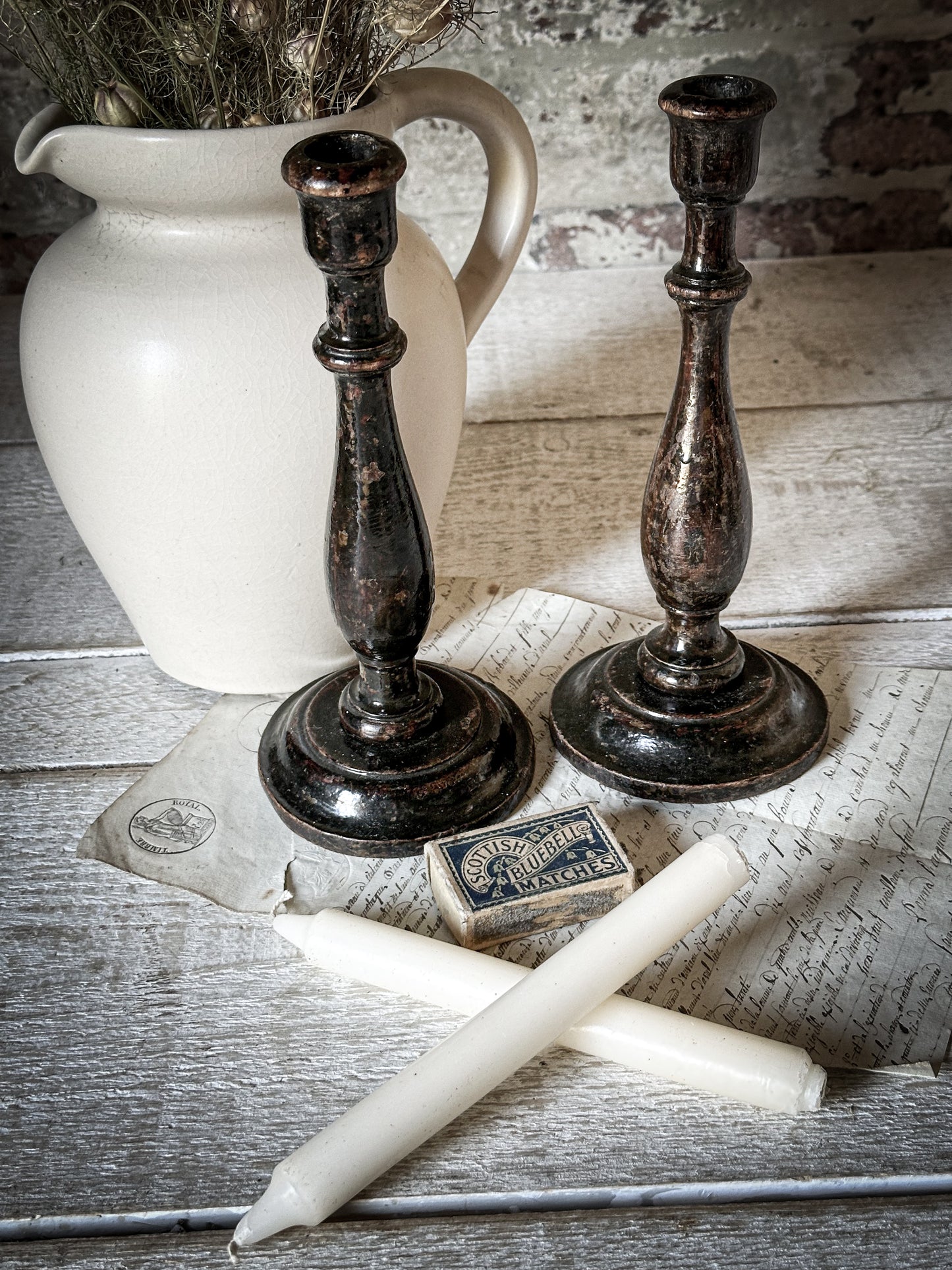 A Pair of Antique Hand Turned Ebonised Candlestick Holders