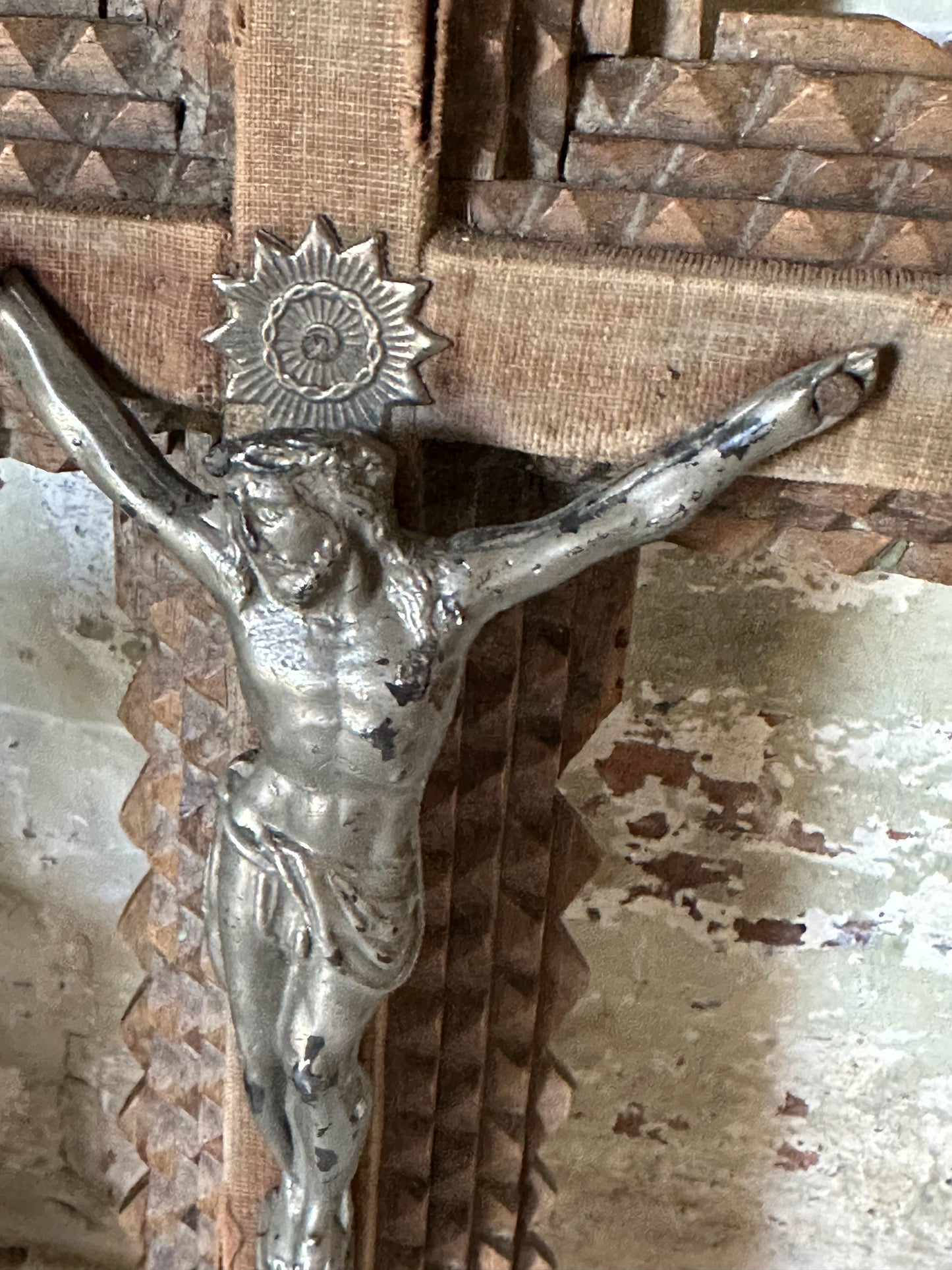 Antique French Tramp Art Crucifix