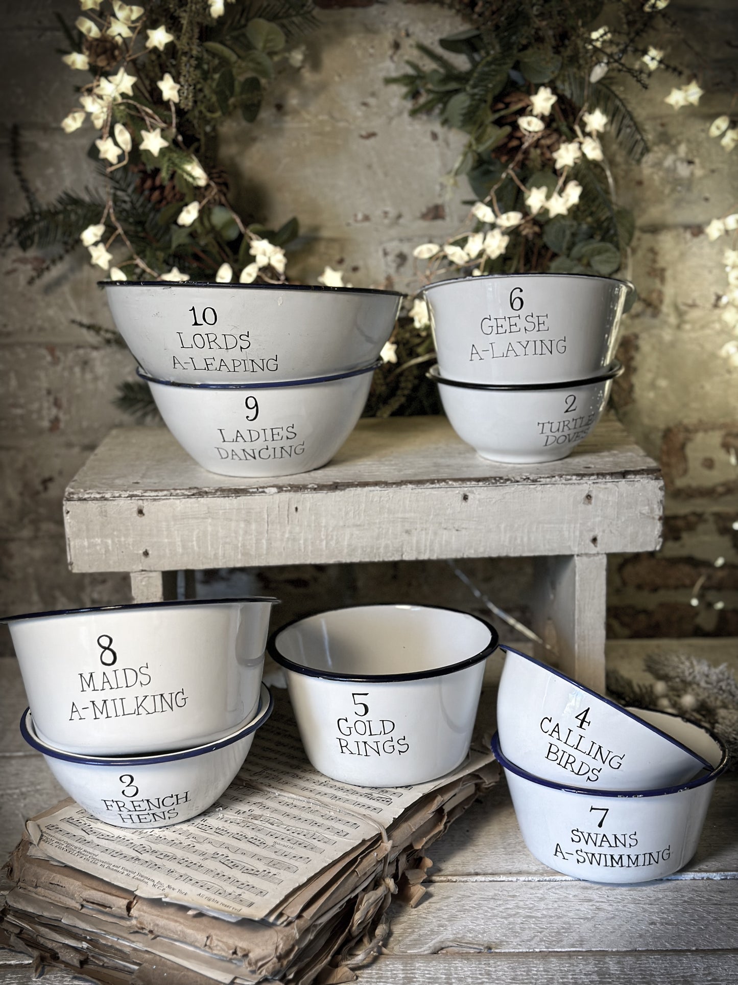 A beautiful vintage enamel pudding bowl with a hand painted quote from the Twelve days of Christmas