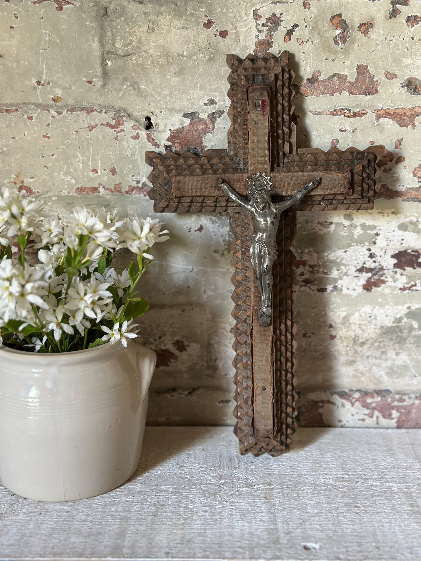 Antique French Tramp Art Crucifix