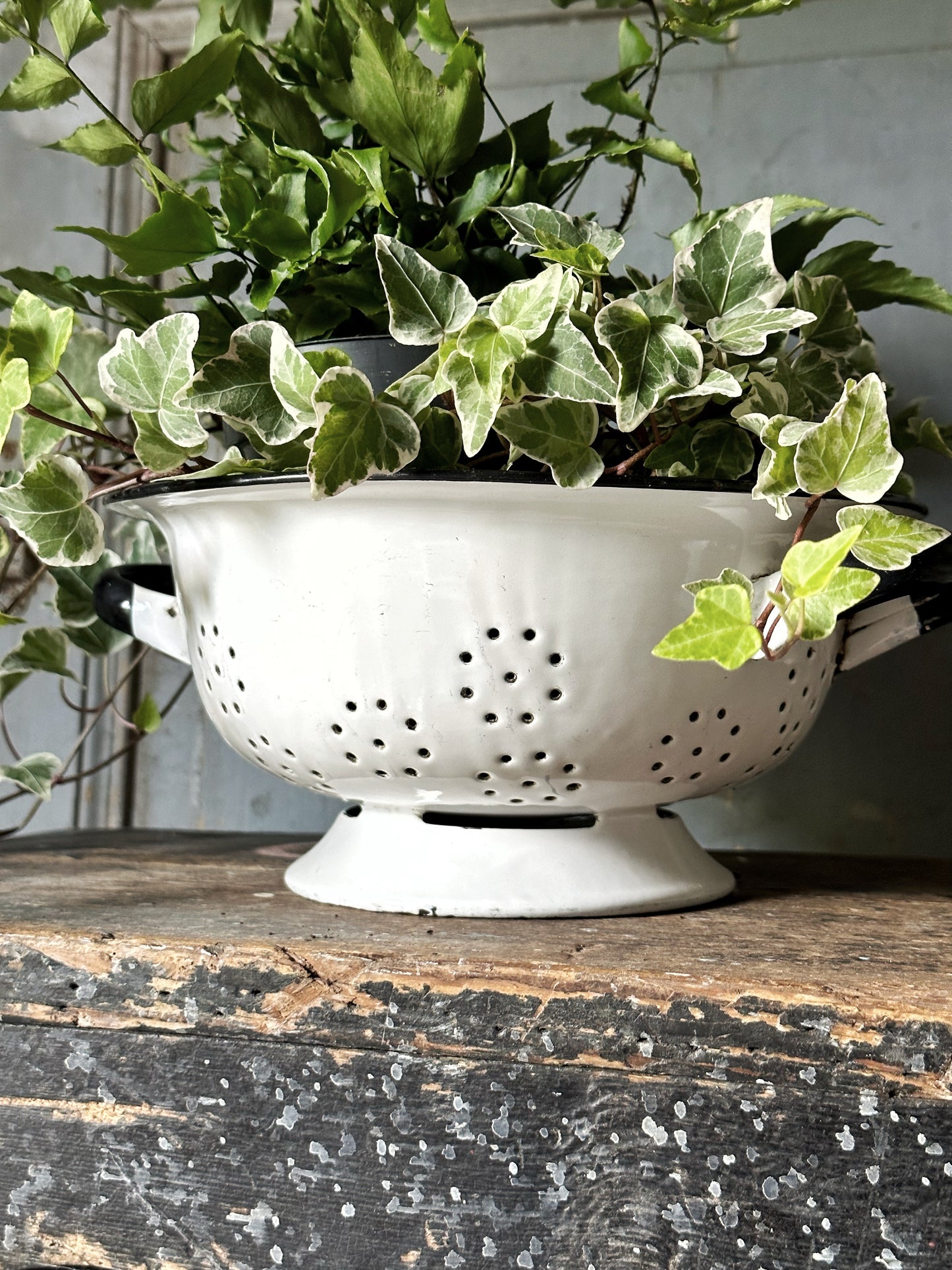 A gorgeous vintage white enamelware colander