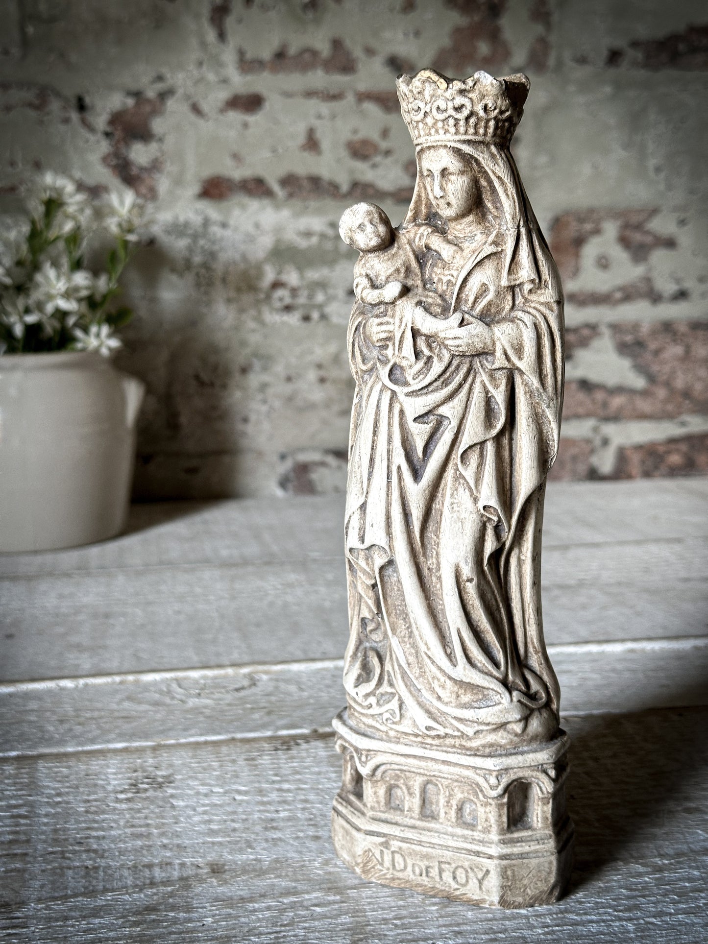 An Antique French Chalk Ware Religious Statue of the Madonna and Child