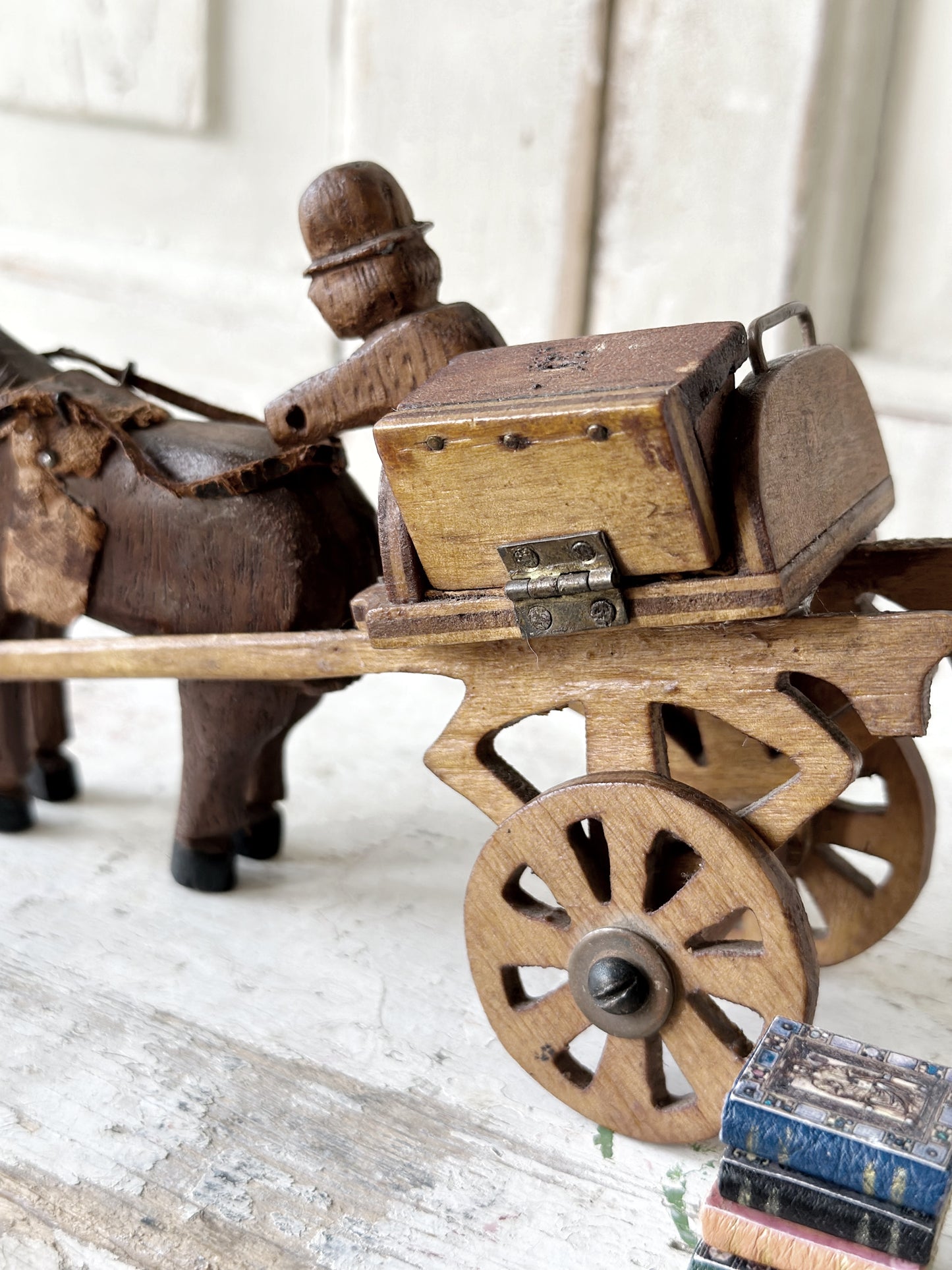 A primitive colonial scratch built wooden horse and cart toy