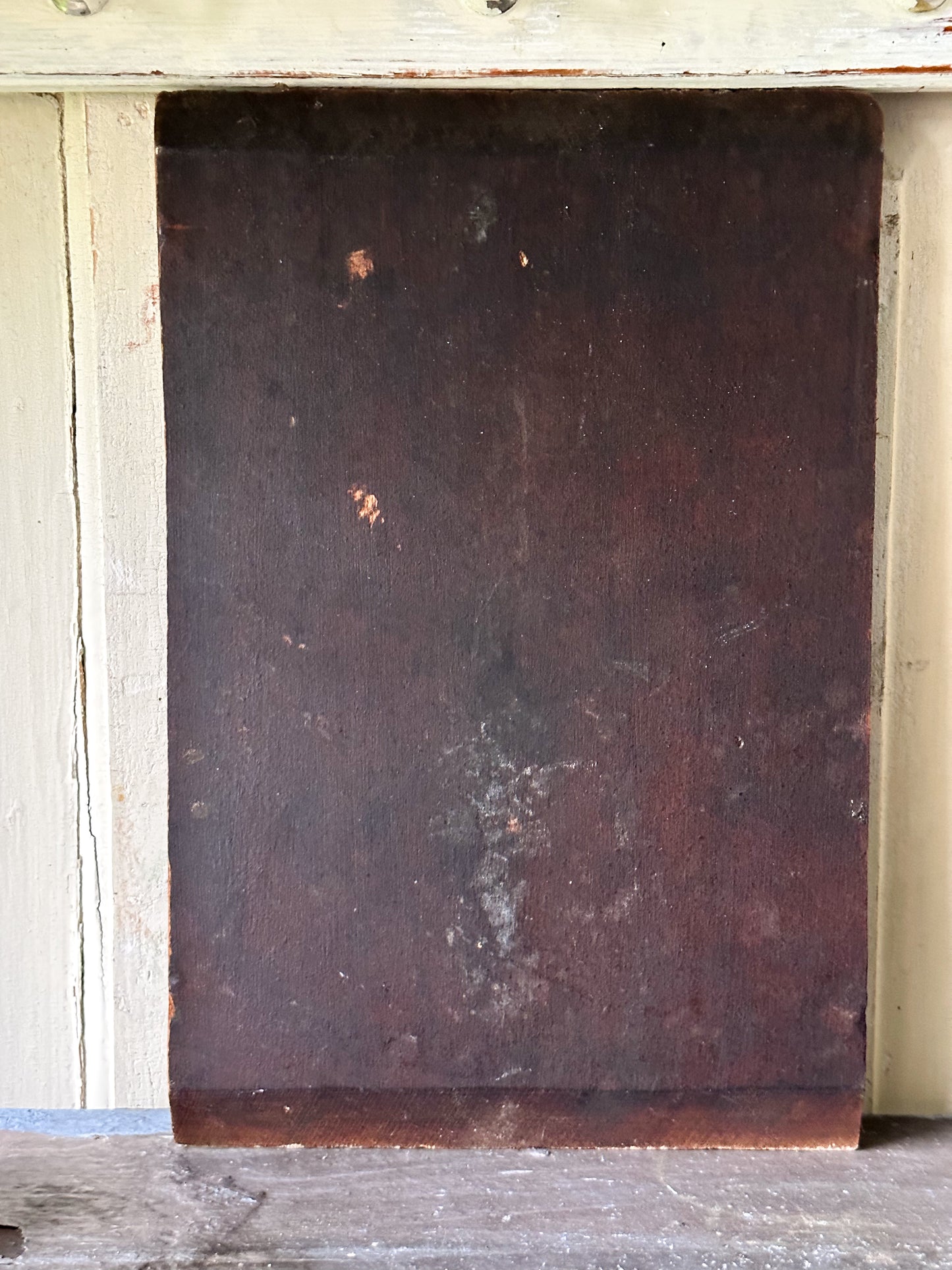 Antique oil on wood panel religious painting of Mary with cherubs at her feet