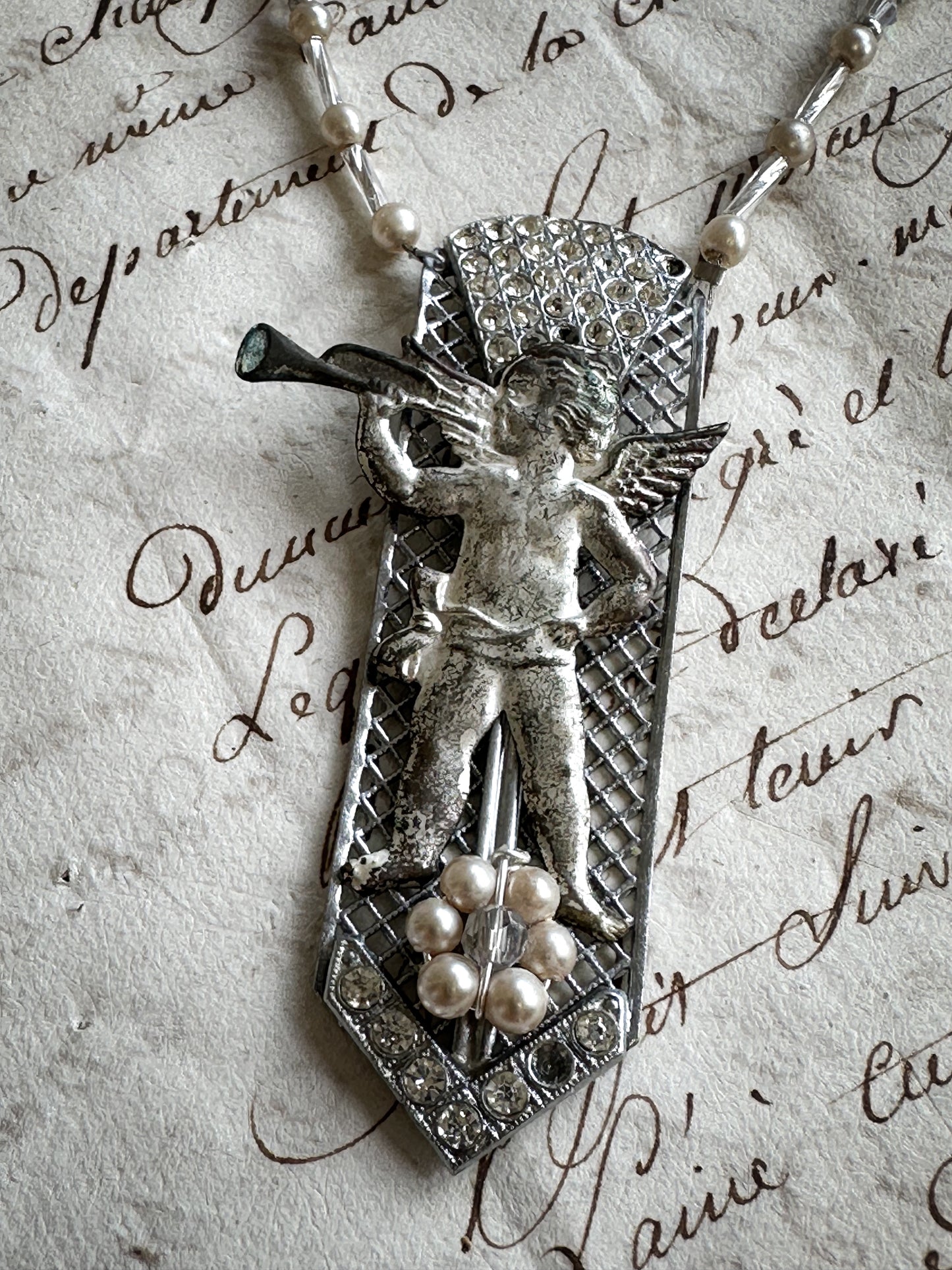 Found Object Art Deco Dress Clip with Cherub Necklace by Jealous Moon Jewellery