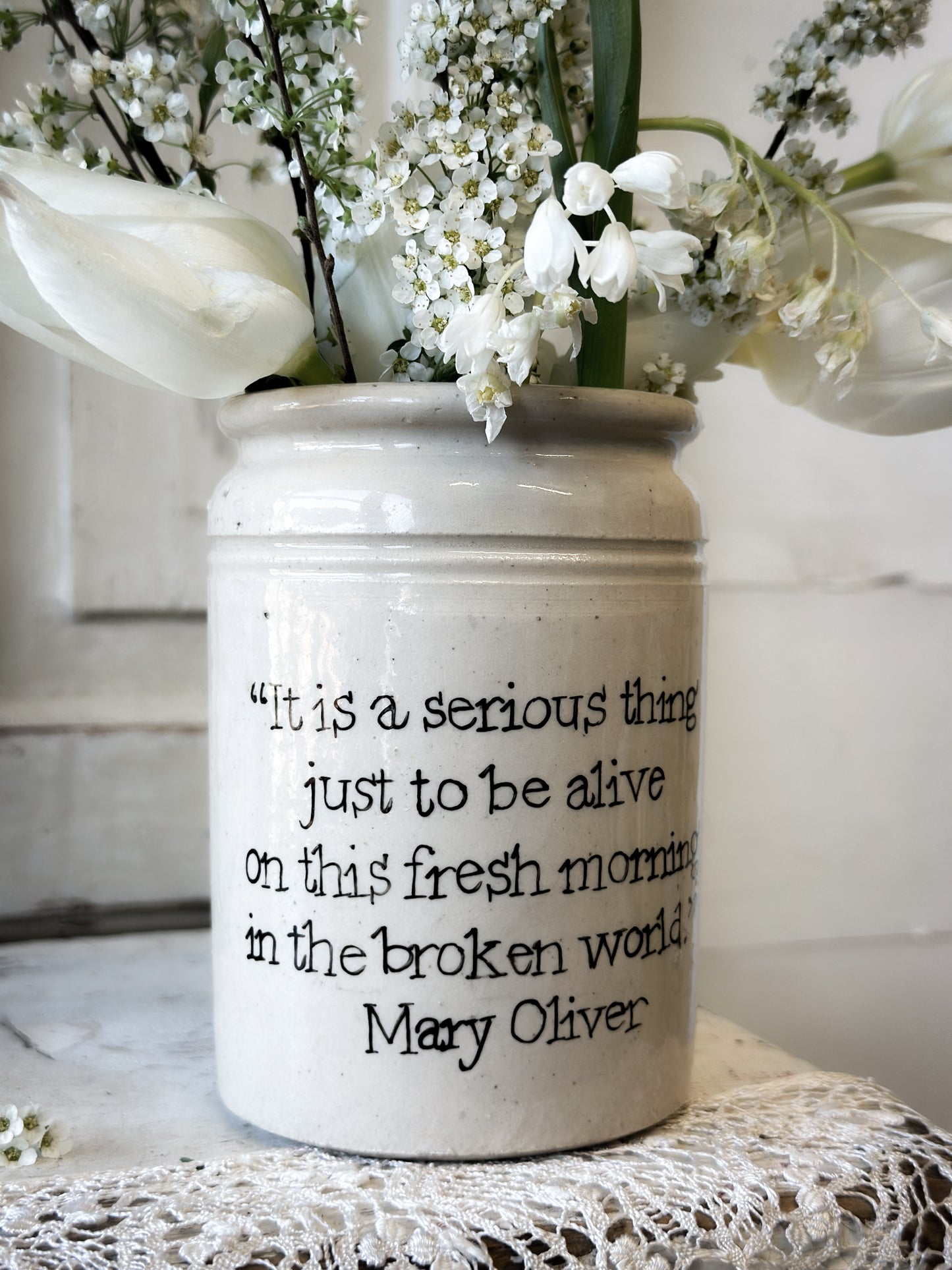 A Victorian unearthed stoneware pottery preserve jar with a hand painted quote