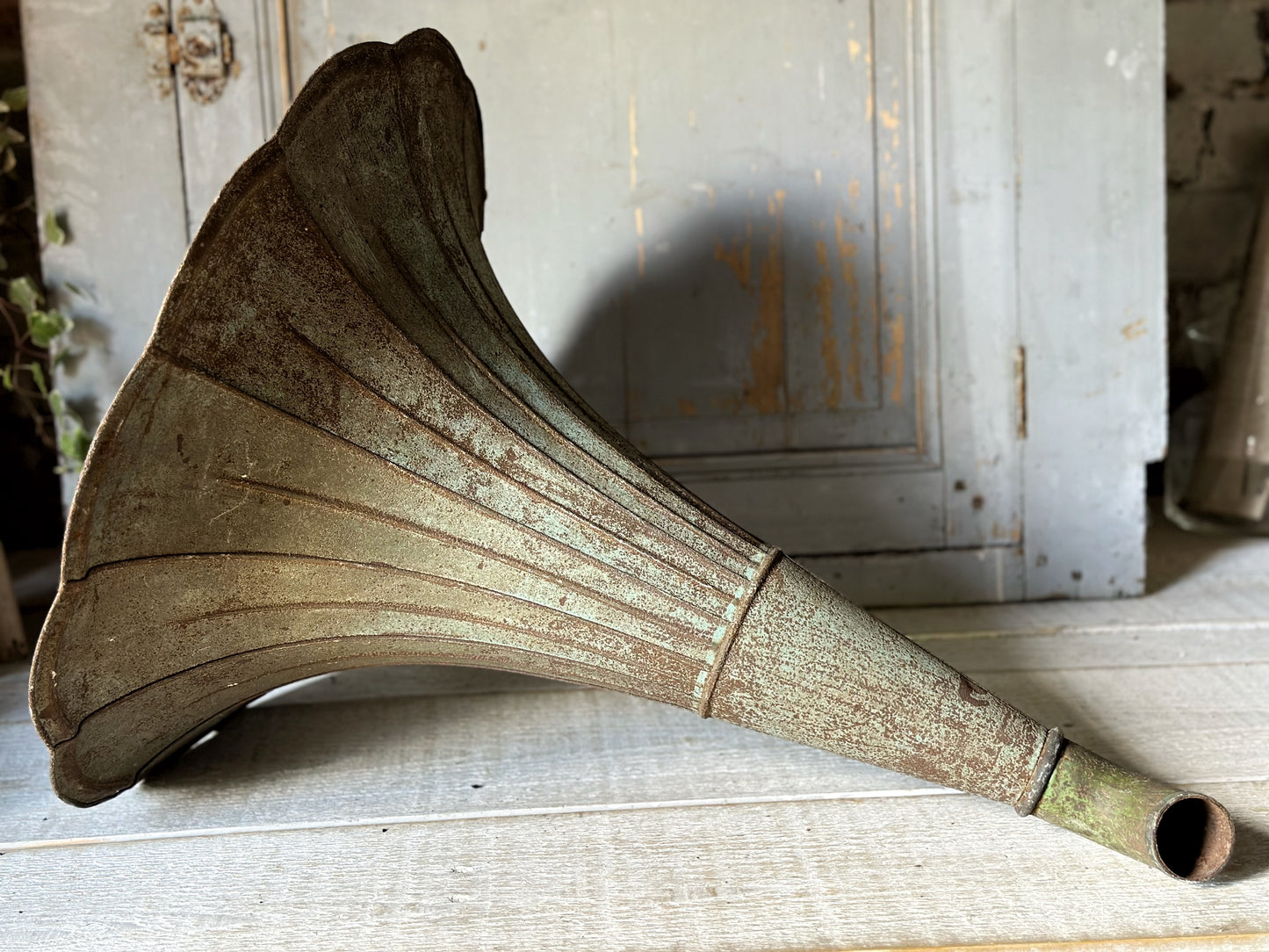 A wonderful antique French tin gramophone funnel and elbow