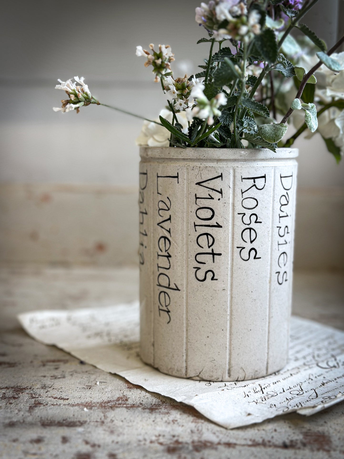 A Victorian Stoneware Preserve jar with hand painted botanical names pot
