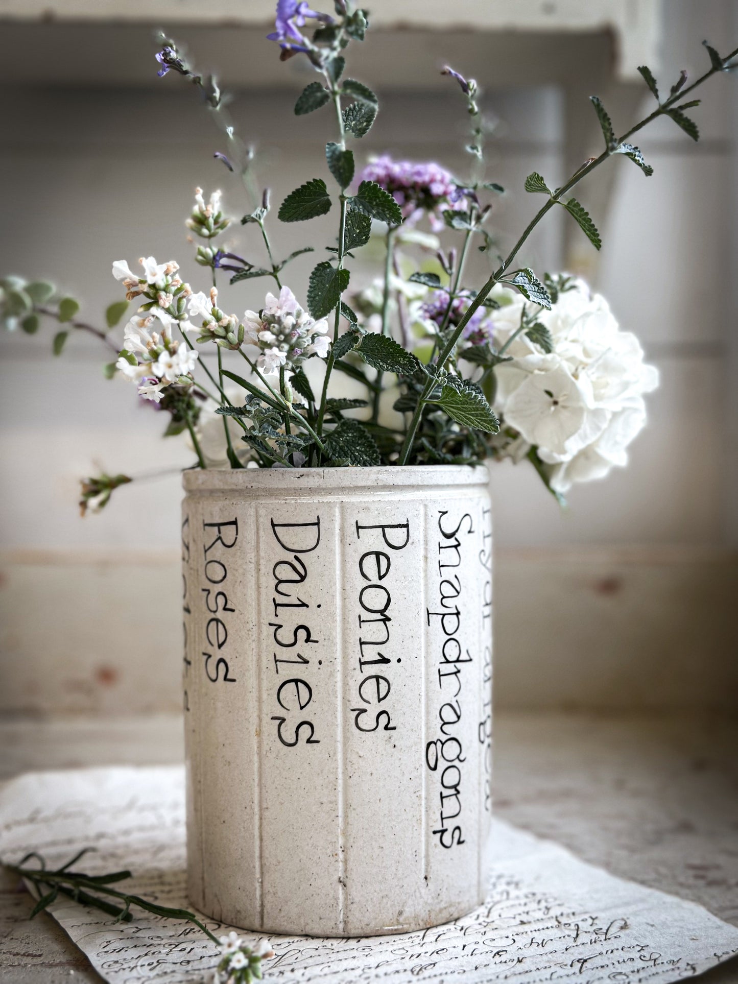 A Victorian Stoneware Preserve jar with hand painted botanical names pot