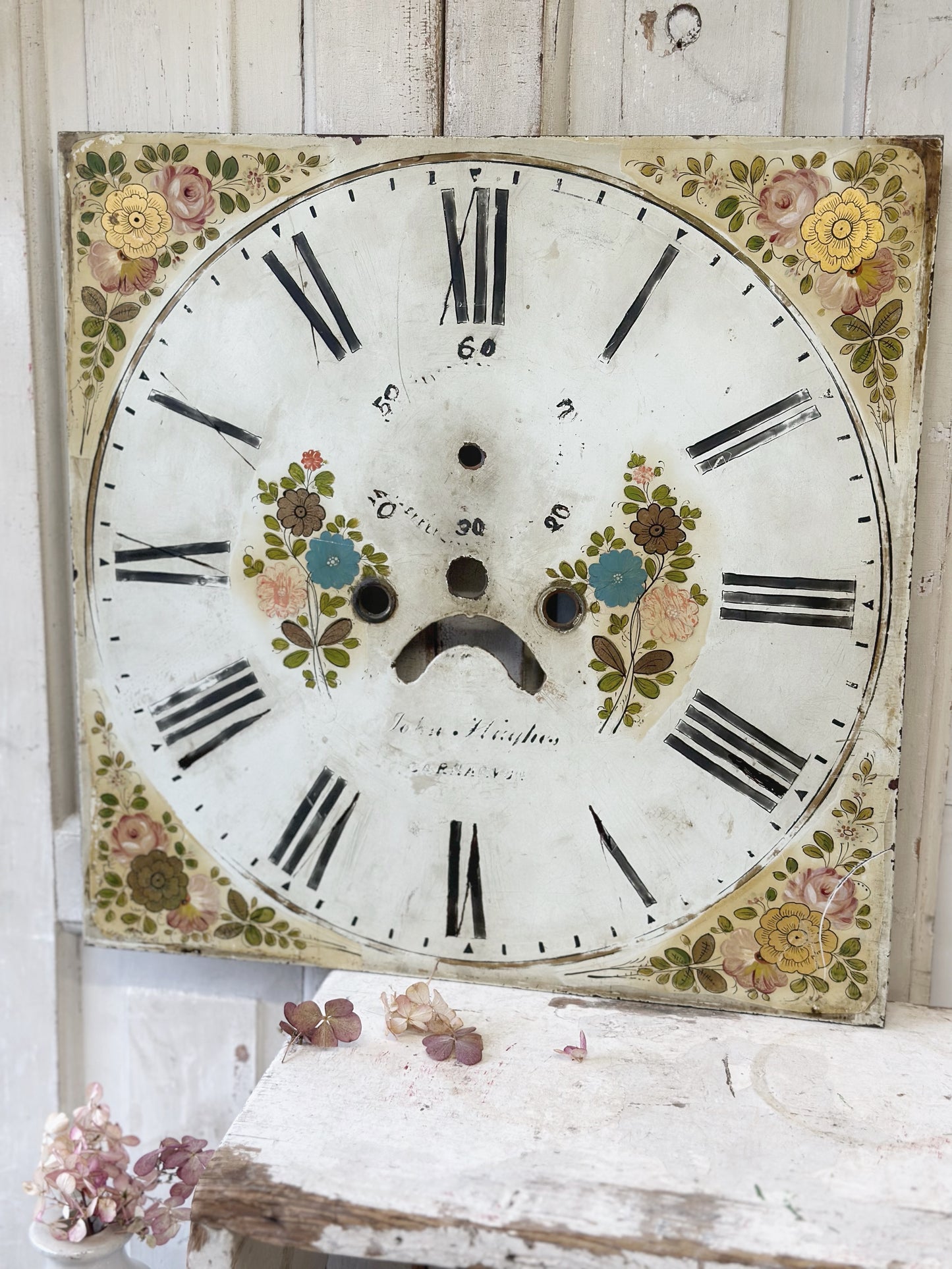 A stunning antique painted reclaimed long case clock face