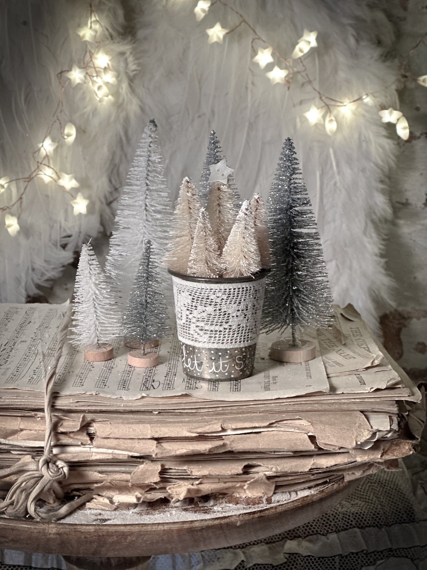A hand painted vintage Dariole tin with lace trimming and a Christmas quote