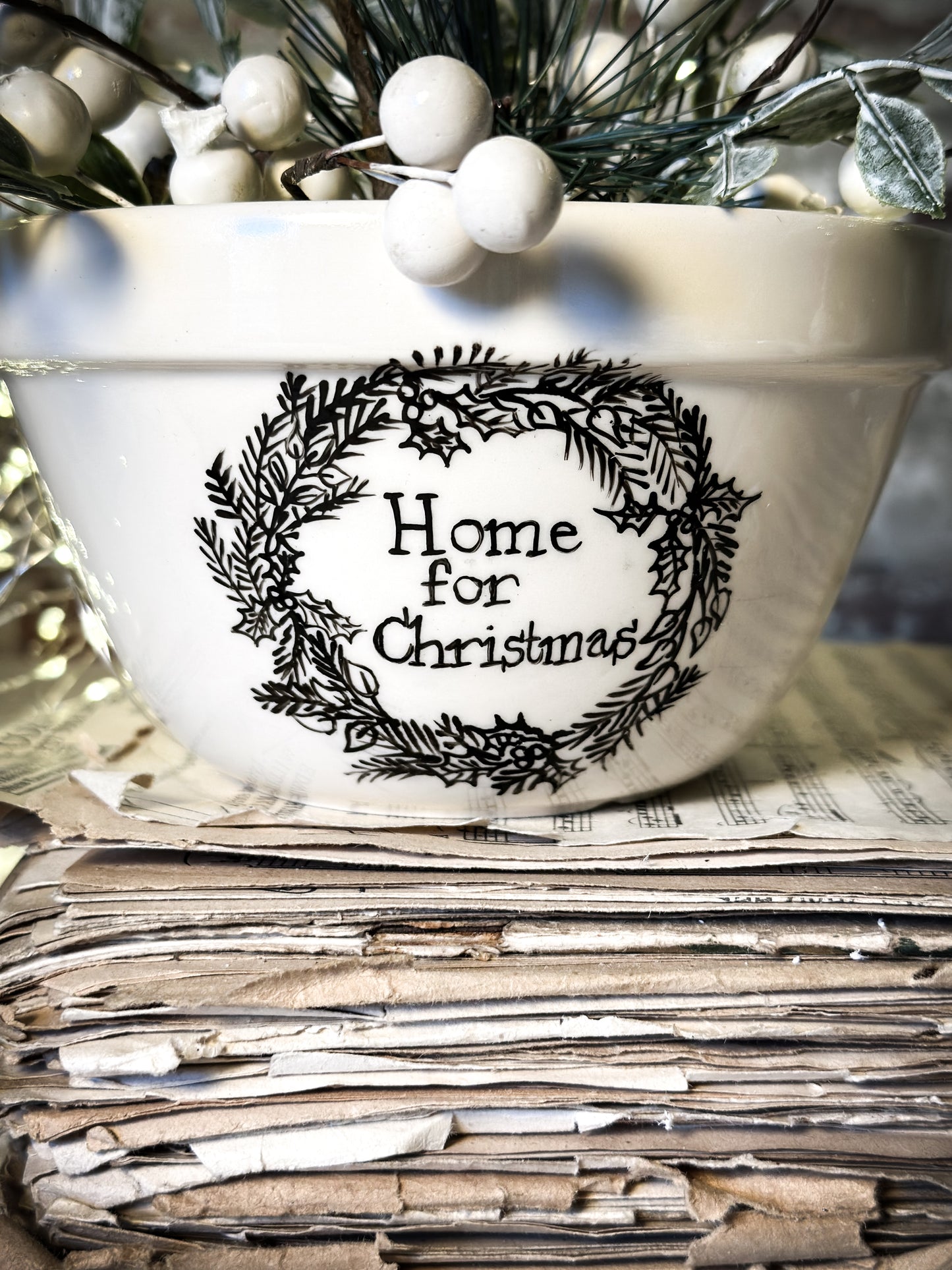 A beautiful vintage Illustrated Ironstone pudding bowl with a hand painted Christmas quote