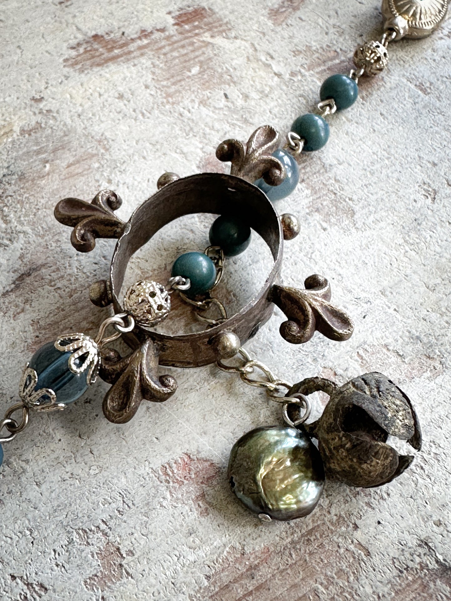Found Object Vintage Beaded Necklace with Antique Brass Crown by Jealous Moon Jewellery