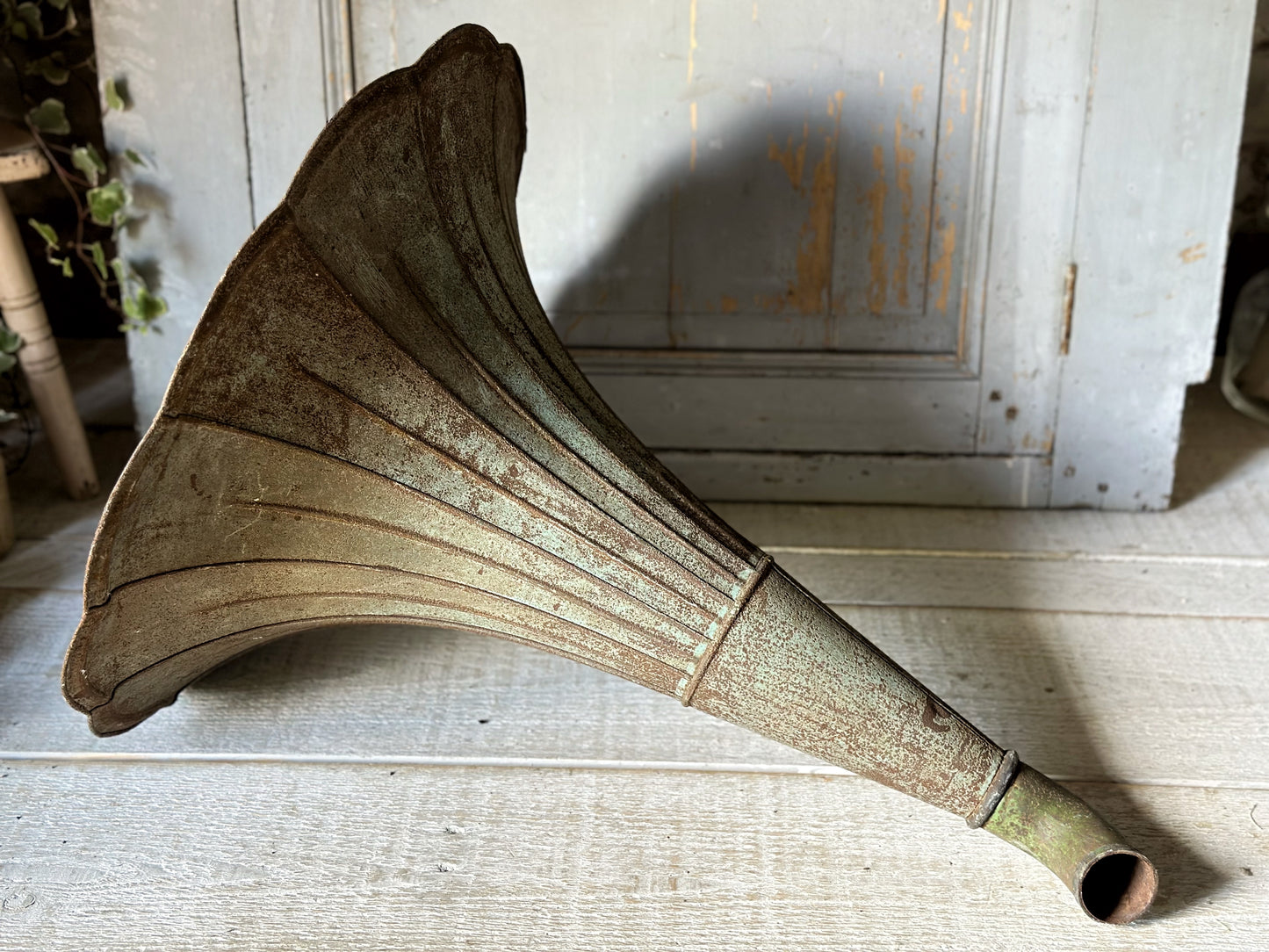 A wonderful antique French tin gramophone funnel and elbow