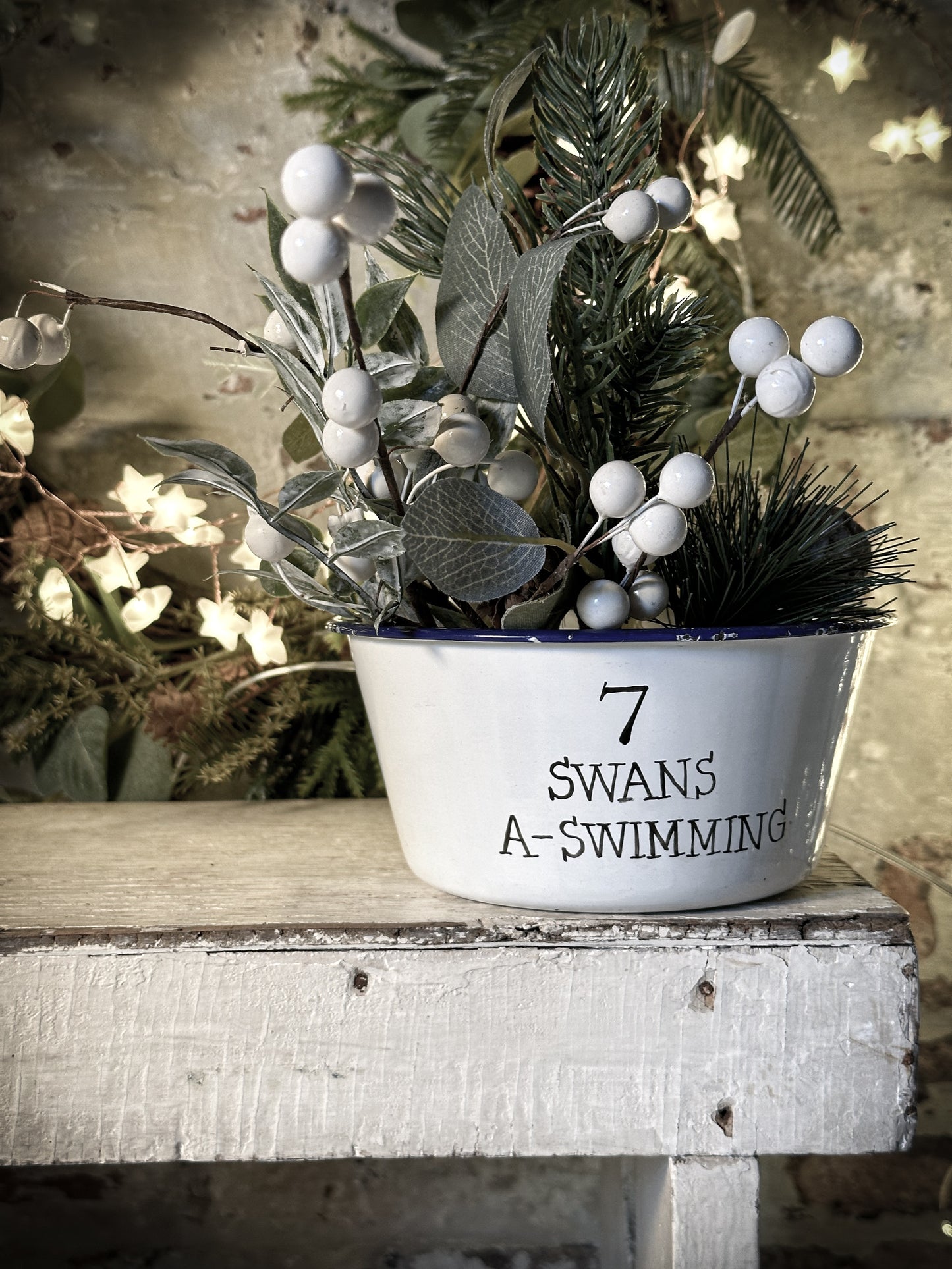 A beautiful vintage enamel pudding bowl with a hand painted quote from the Twelve days of Christmas