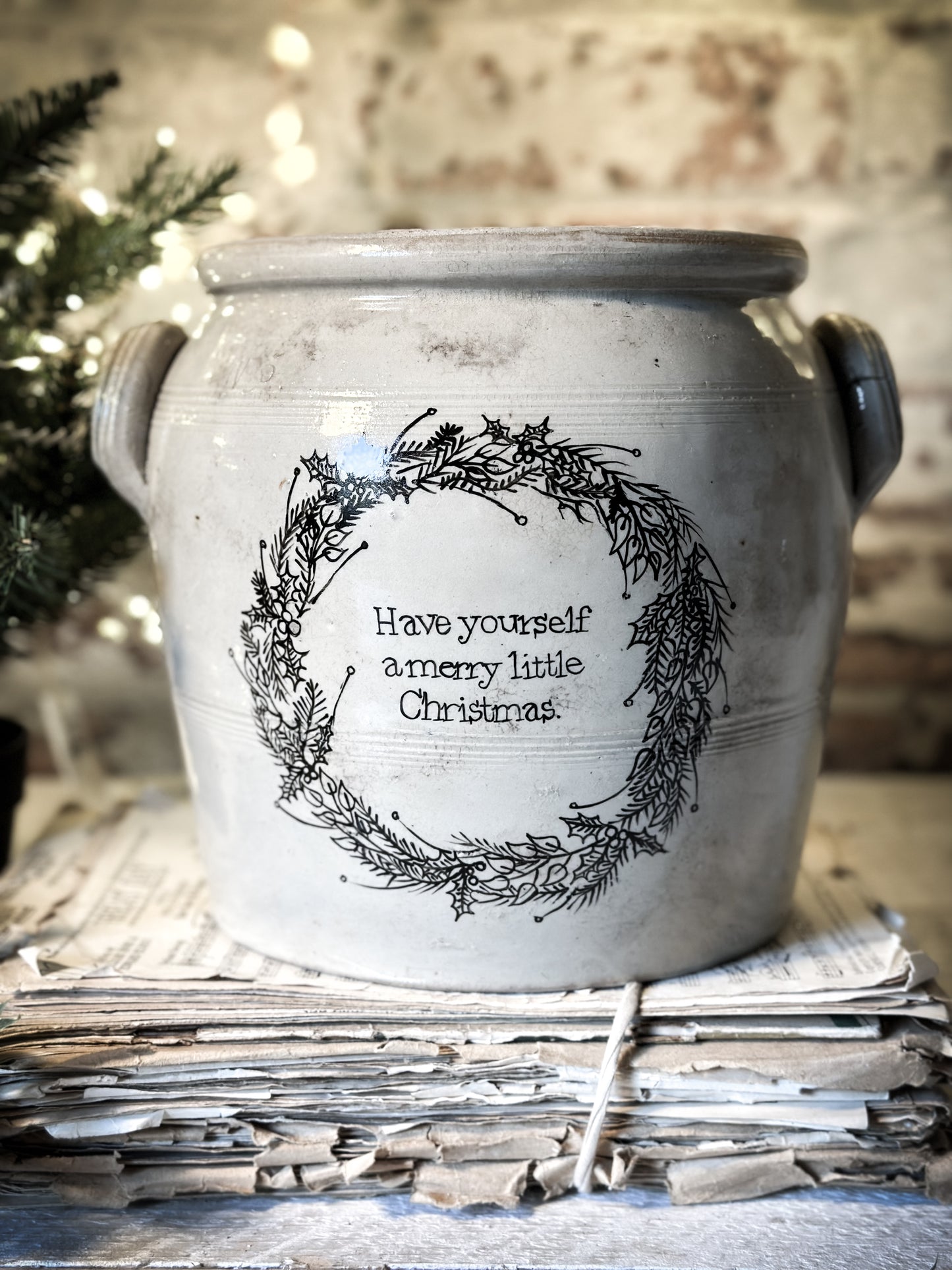 A lovely antique French stoneware confit pot with a hand painted Christmas quote