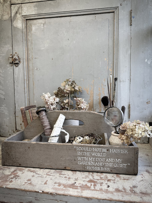 A Large Vintage French Chippy Paint Wooden Trug With Garden Quote