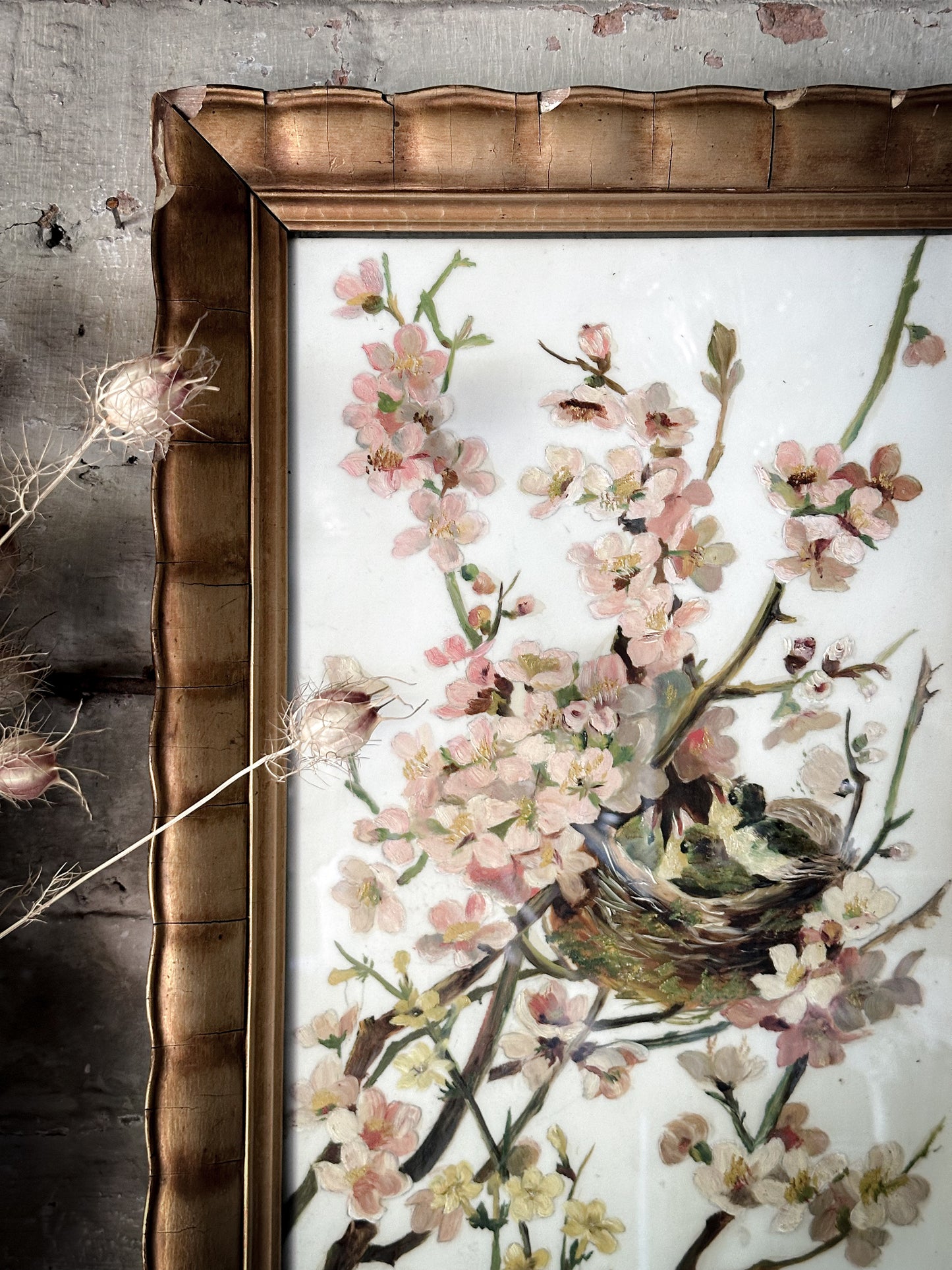 A Stunning Victorian Milk Glass Painting of A Bird’s Nest and Spring Blossoms