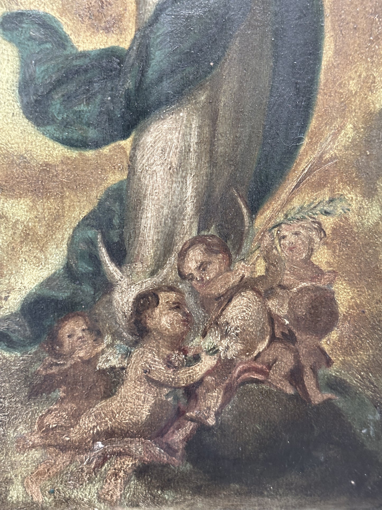 Antique oil on wood panel religious painting of Mary with cherubs at her feet