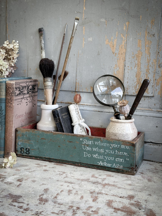 A Vintage French Chippy Paint Wooden Crate With A Hand Painted Quote