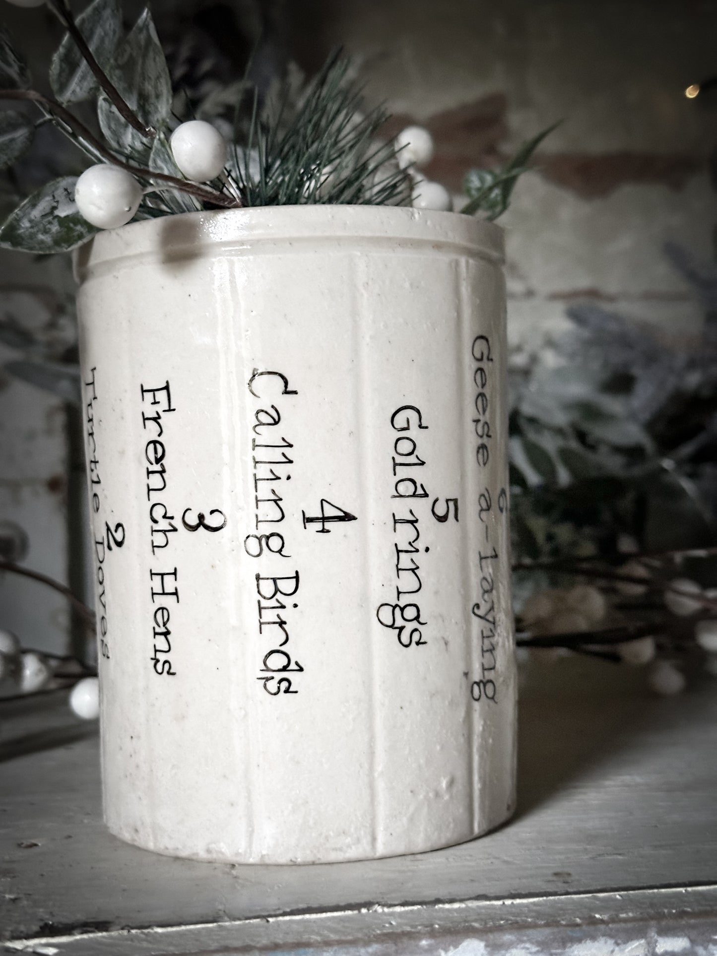A tall Victorian unearthed stoneware pottery preserve jar with a hand painted quote