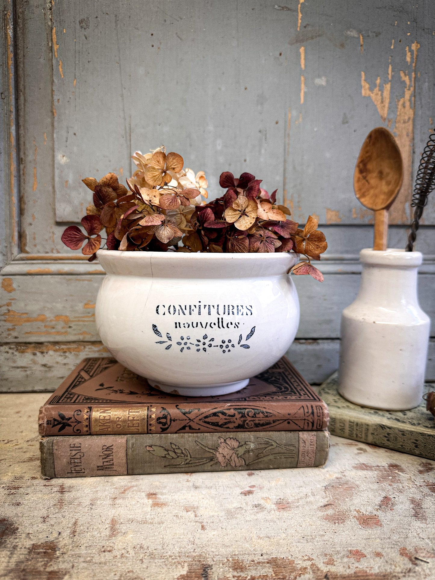 Large Antique French “Confitures Nouvelles” Jam Pot – Blue Transfer Farmhouse Kitchenalia