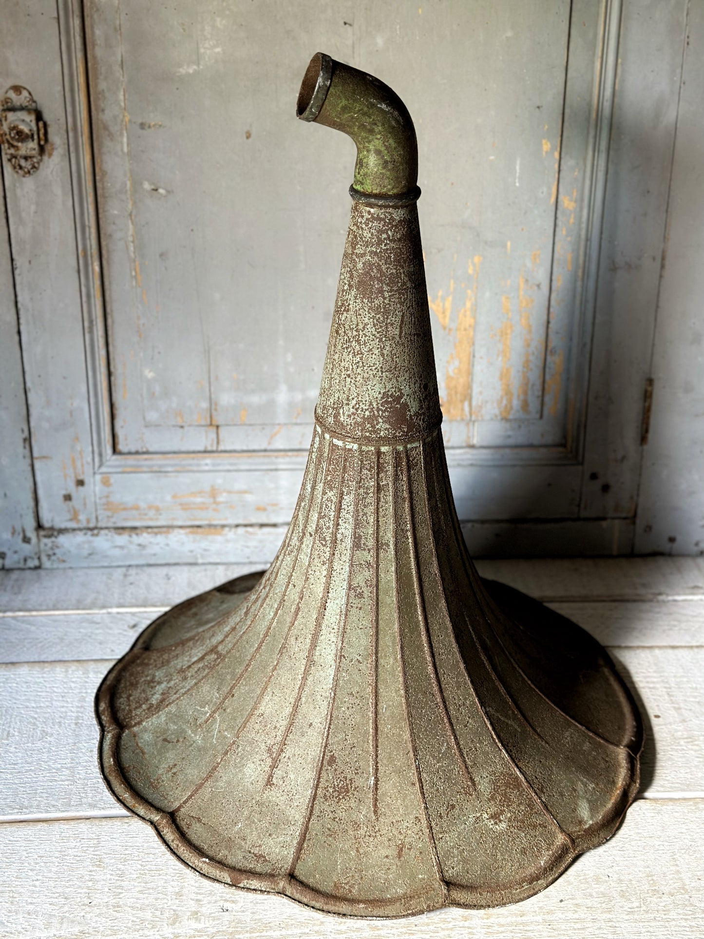 A wonderful antique French tin gramophone funnel and elbow