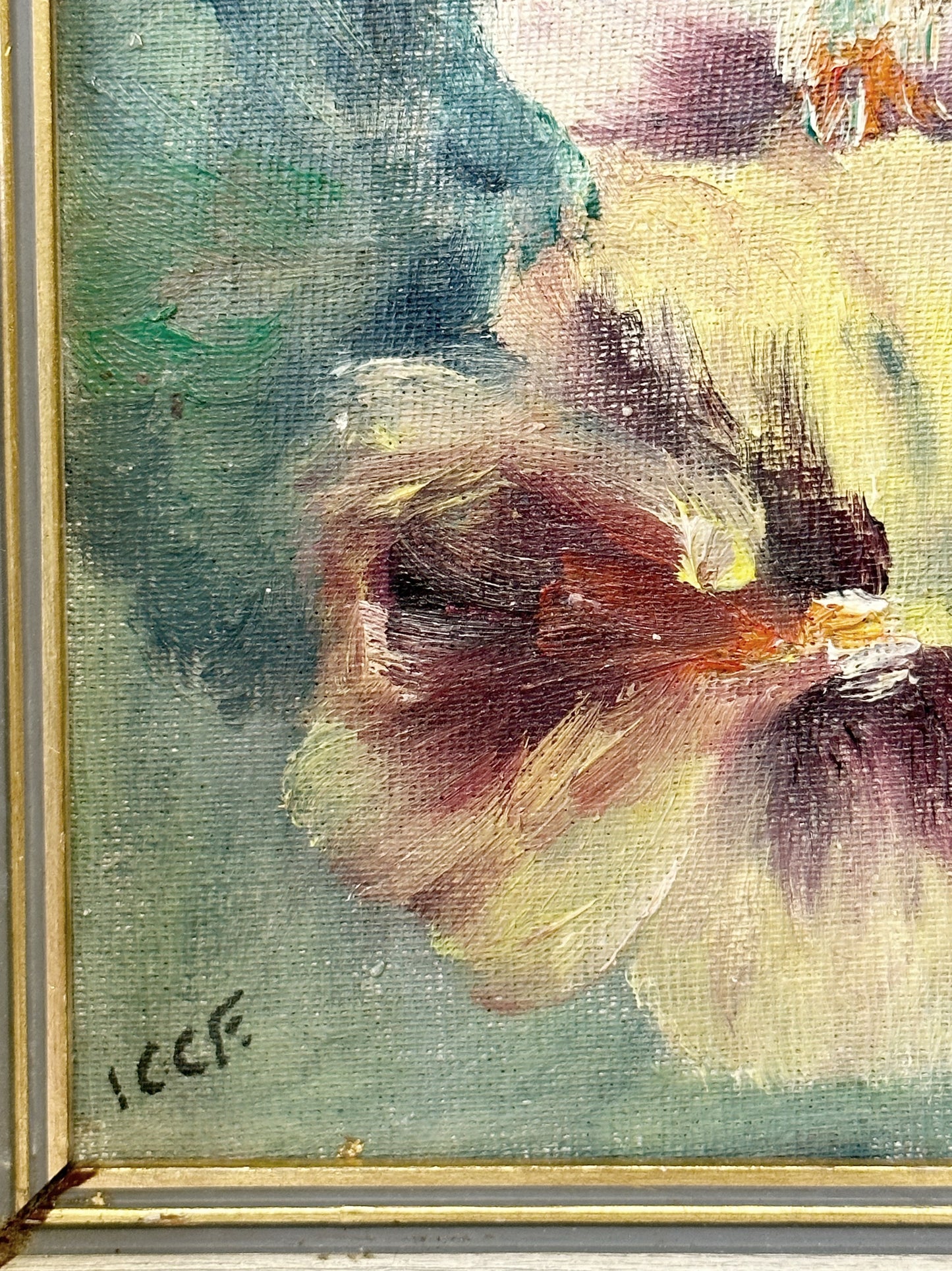 Vintage Still Life Flowers Pansies Oil On Board Signed ICCF