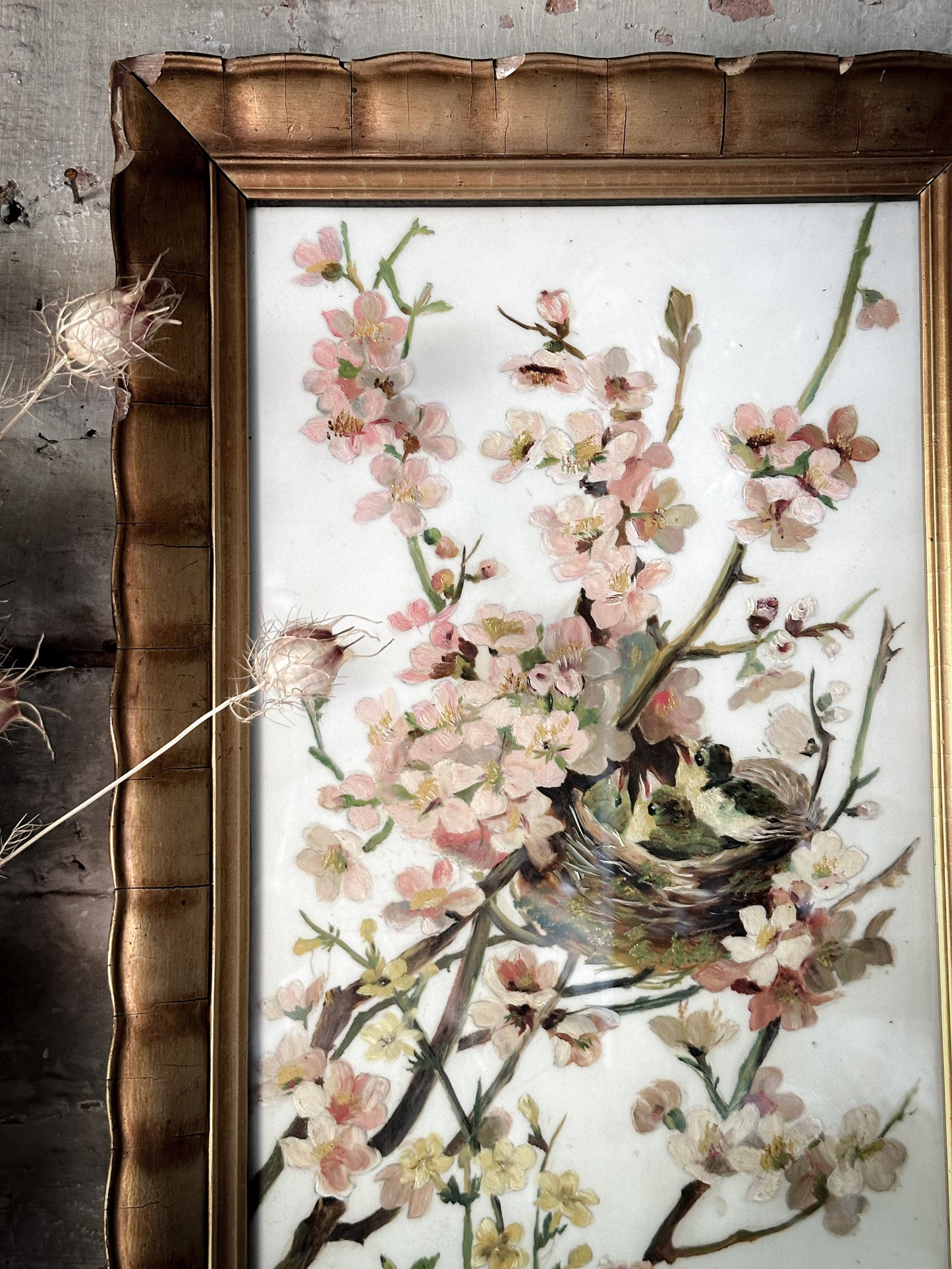 A Stunning Victorian Milk Glass Painting of A Bird’s Nest and Spring Blossoms